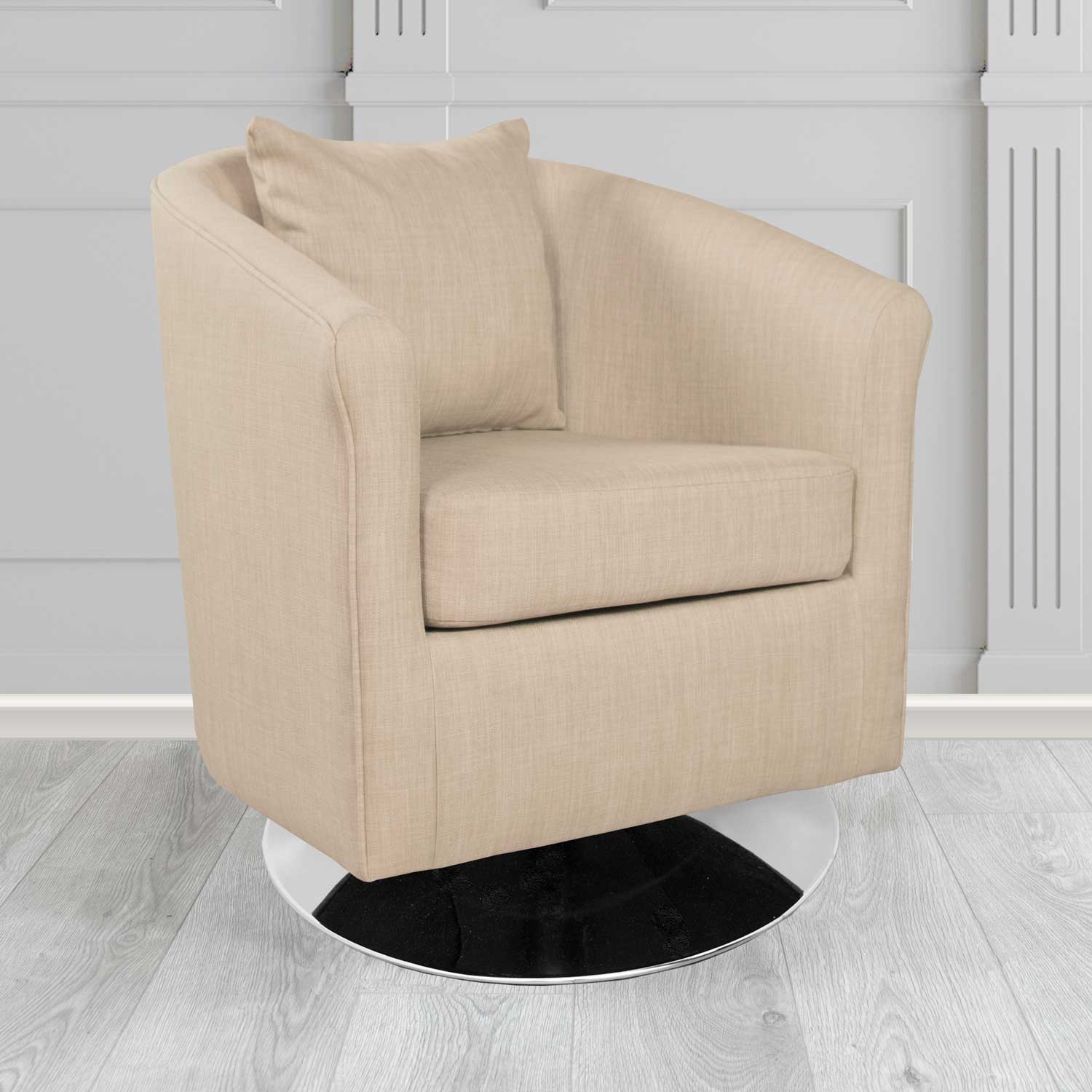 St Tropez Swivel Tub Chair in Charles Plain Linen Fabric with Scatter Cushion