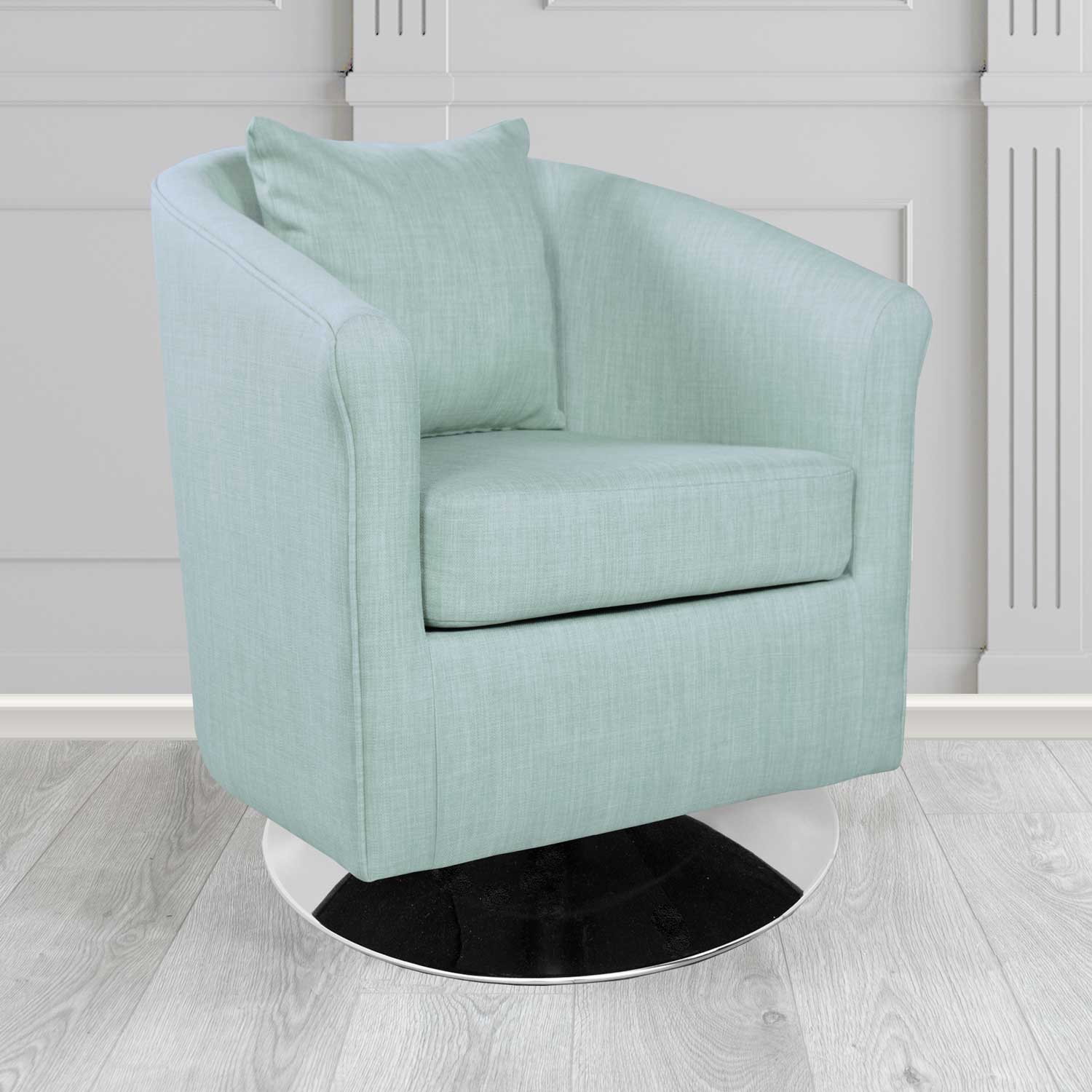 St Tropez Swivel Tub Chair in Charles Plain Linen Fabric with Scatter Cushion
