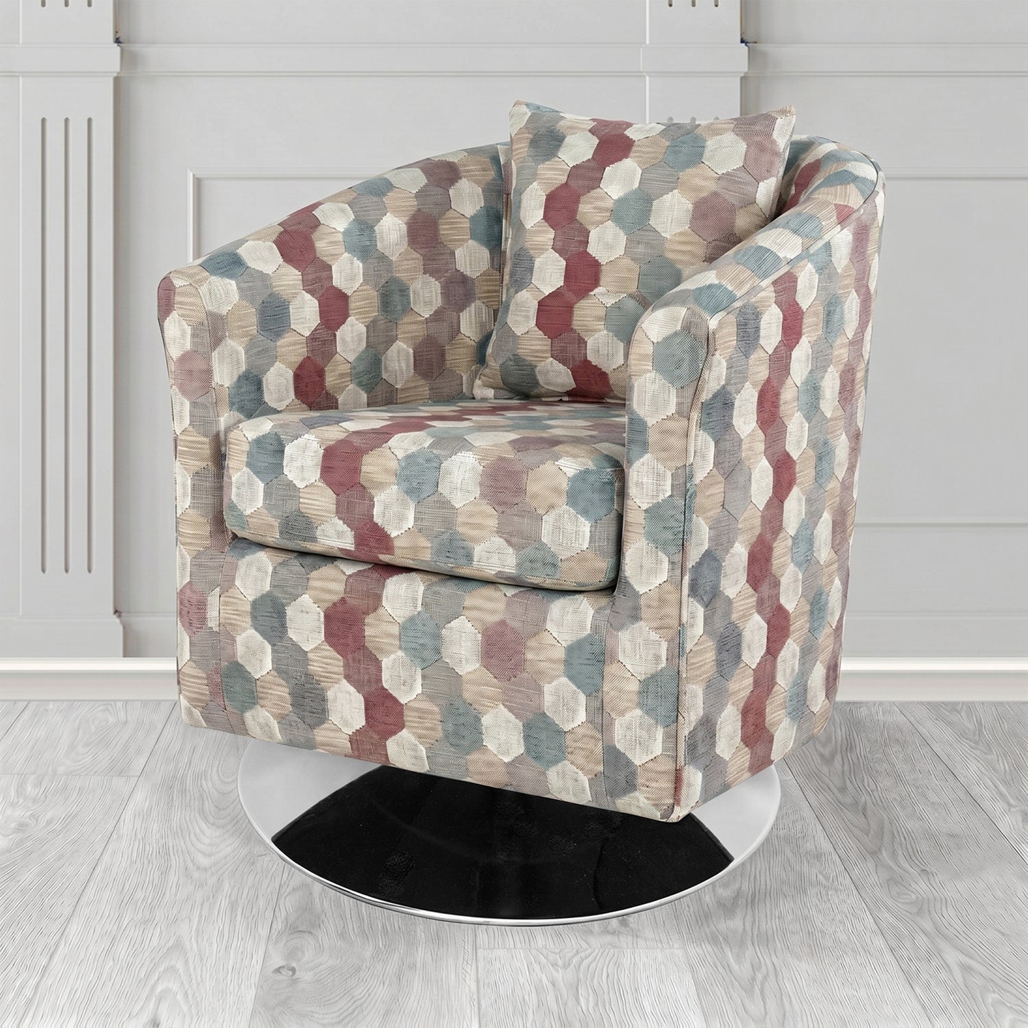 St Tropez Swivel Tub Chair in Cristina Marrone Extravaganza Honeycomb Velvet Pattern Fabric with Scatter Cushion