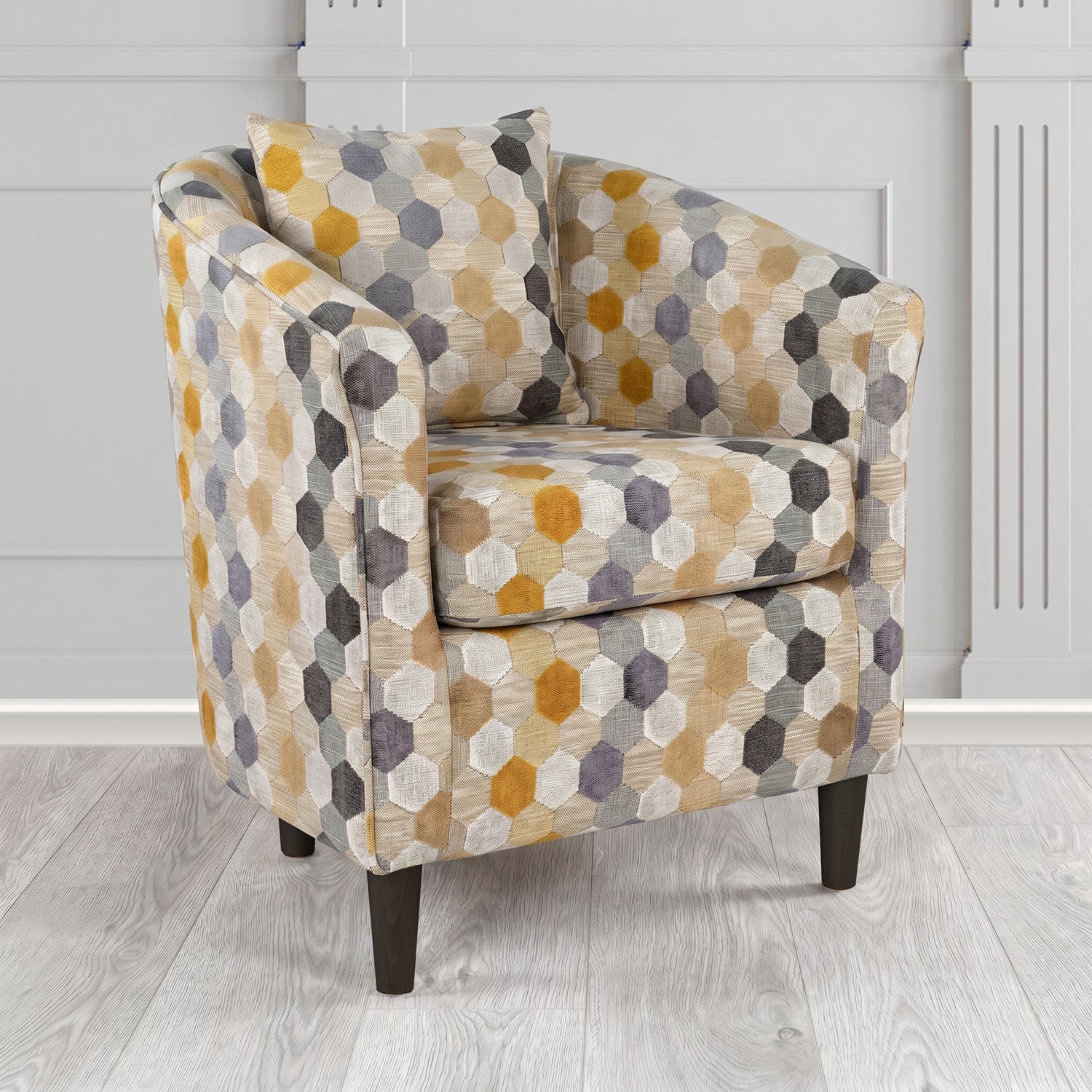 St Tropez Tub Chair in Cristina Marrone Extravaganza Honeycomb Velvet Pattern Fabric with Scatter Cushion
