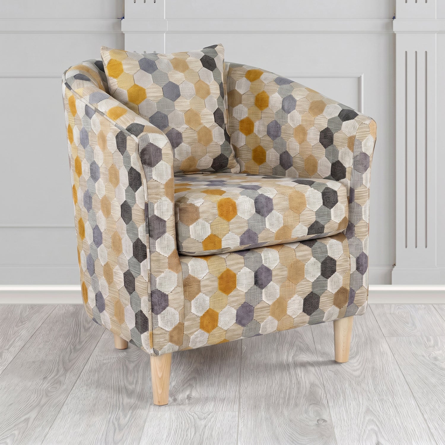 St Tropez Tub Chair in Cristina Marrone Extravaganza Honeycomb Velvet Pattern Fabric with Scatter Cushion