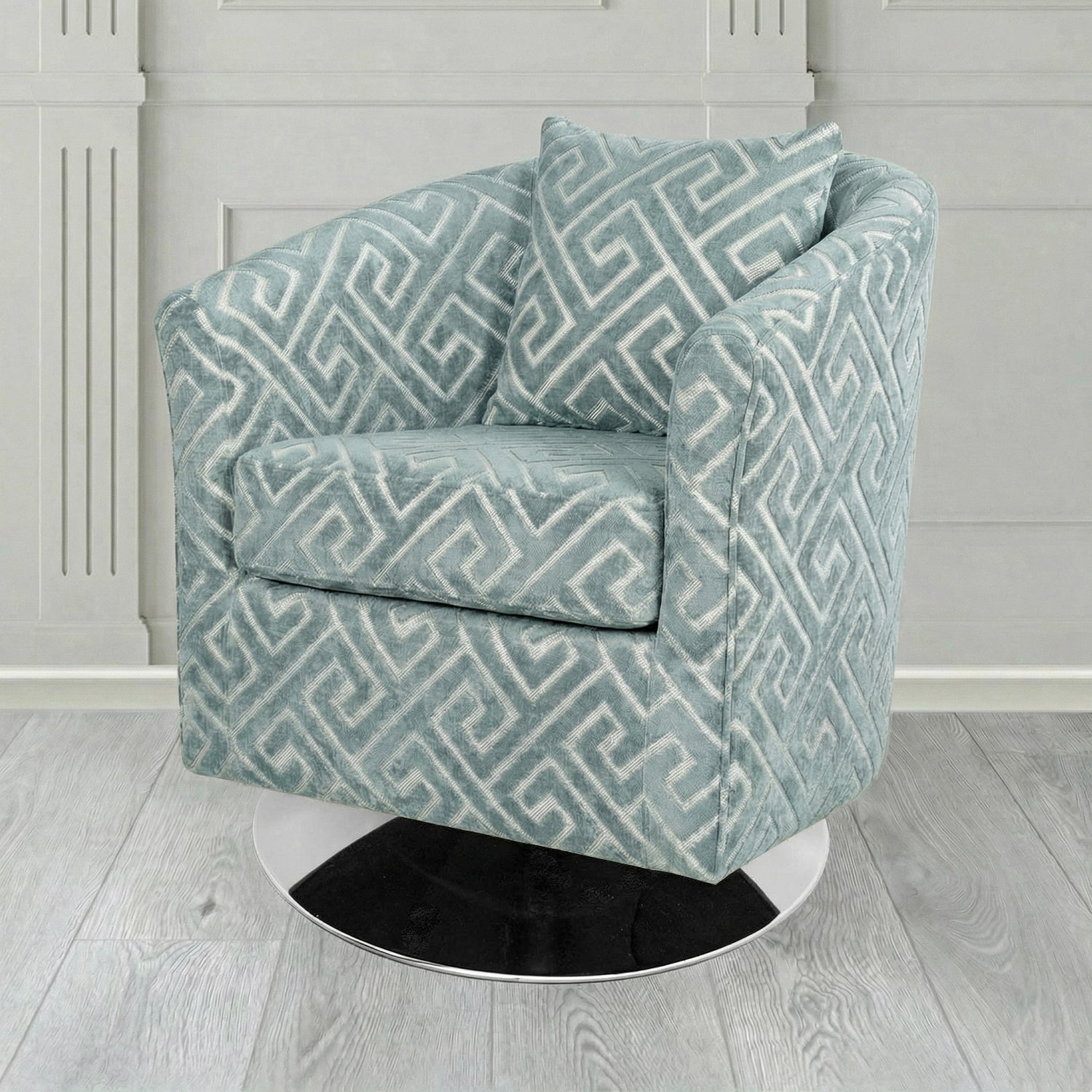 St Tropez Swivel Tub Chair in Cristina Marrone Extravaganza Greek Key Geometric Fabric with Scatter Cushion
