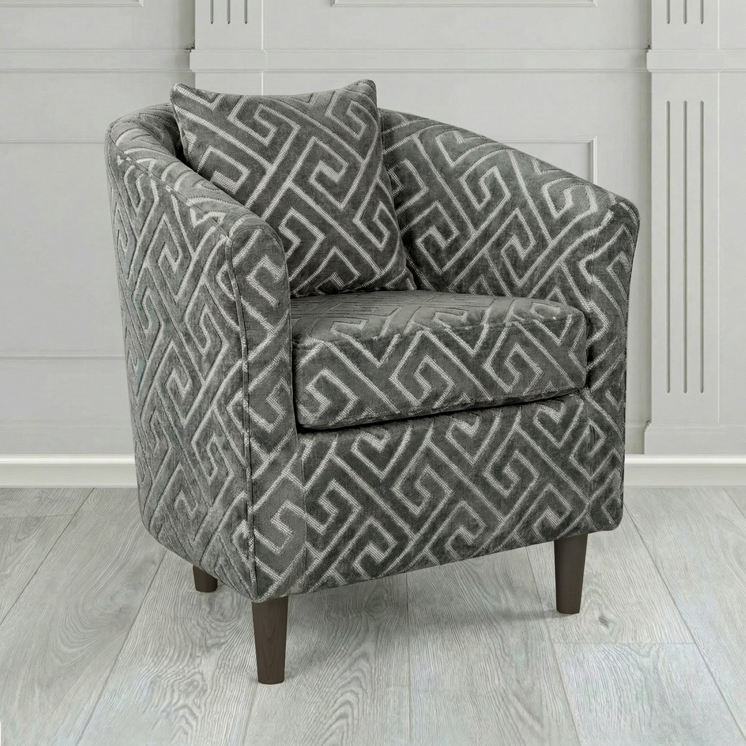 St Tropez Tub Chair in Cristina Marrone Extravaganza Greek Key Geometric Fabric with Scatter Cushion