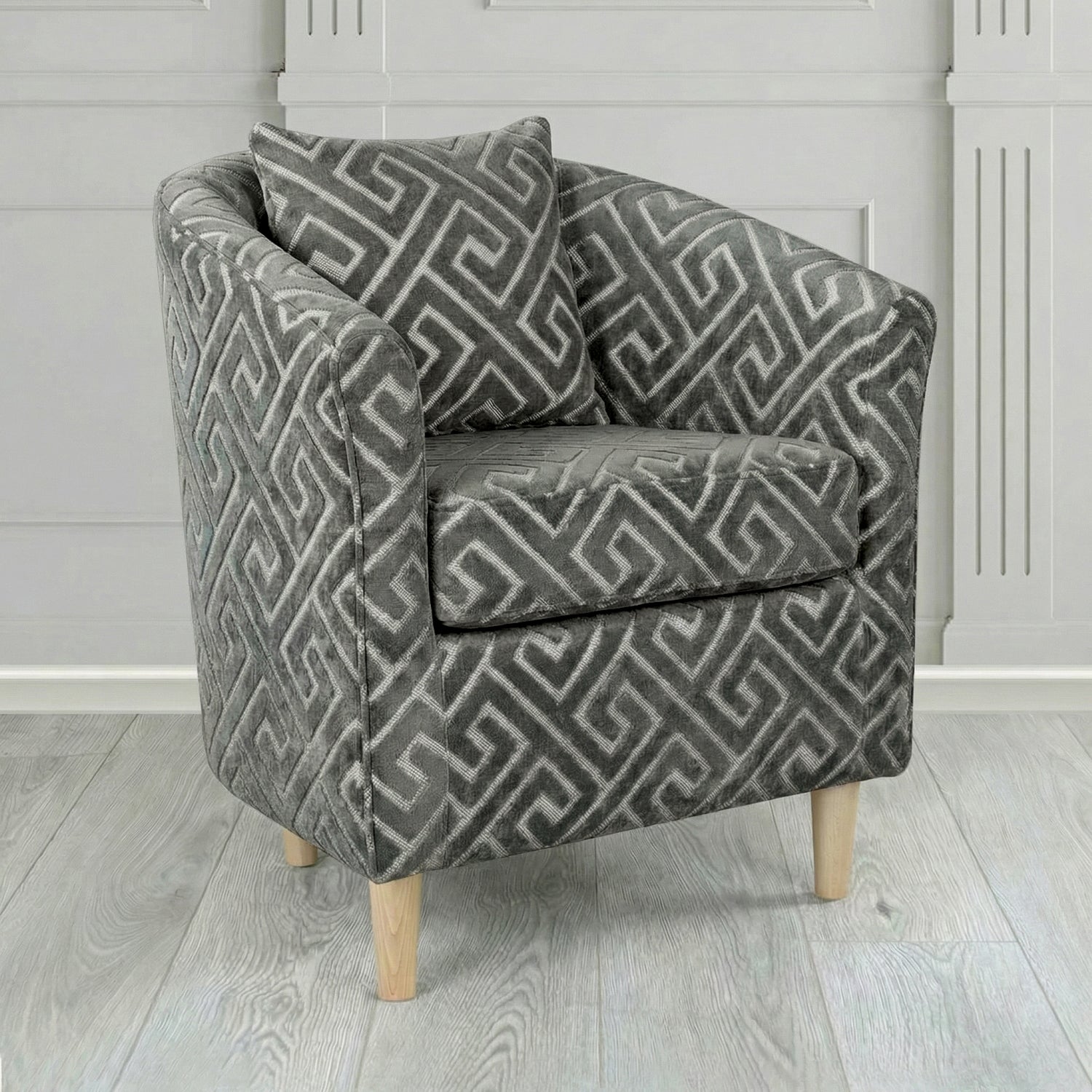 St Tropez Tub Chair in Cristina Marrone Extravaganza Greek Key Geometric Fabric with Scatter Cushion