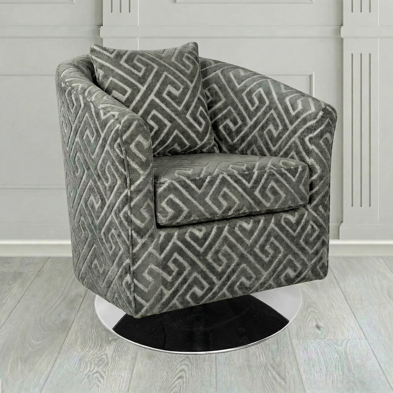 St Tropez Swivel Tub Chair in Cristina Marrone Extravaganza Greek Key Geometric Fabric with Scatter Cushion