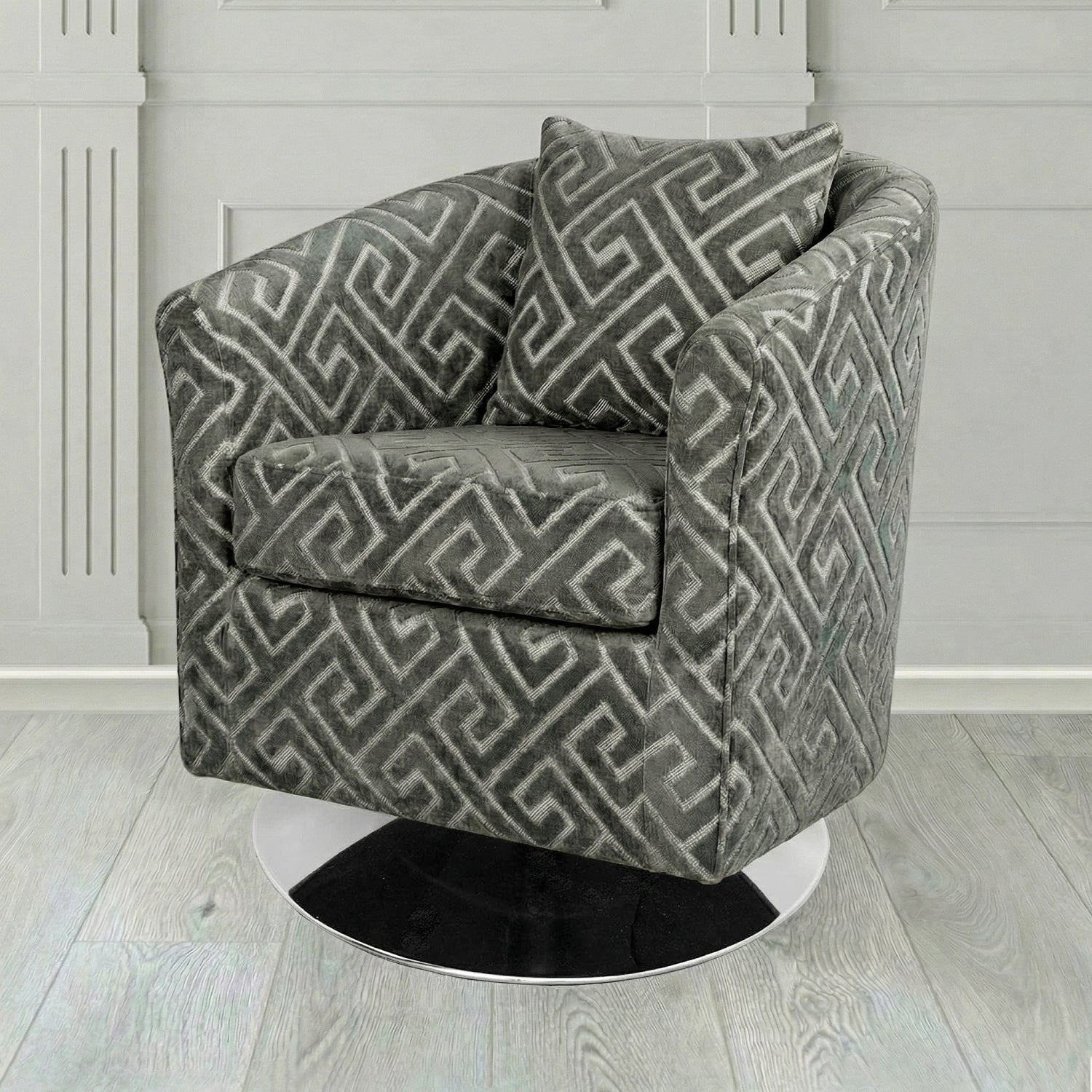 St Tropez Swivel Tub Chair in Cristina Marrone Extravaganza Greek Key Geometric Fabric with Scatter Cushion
