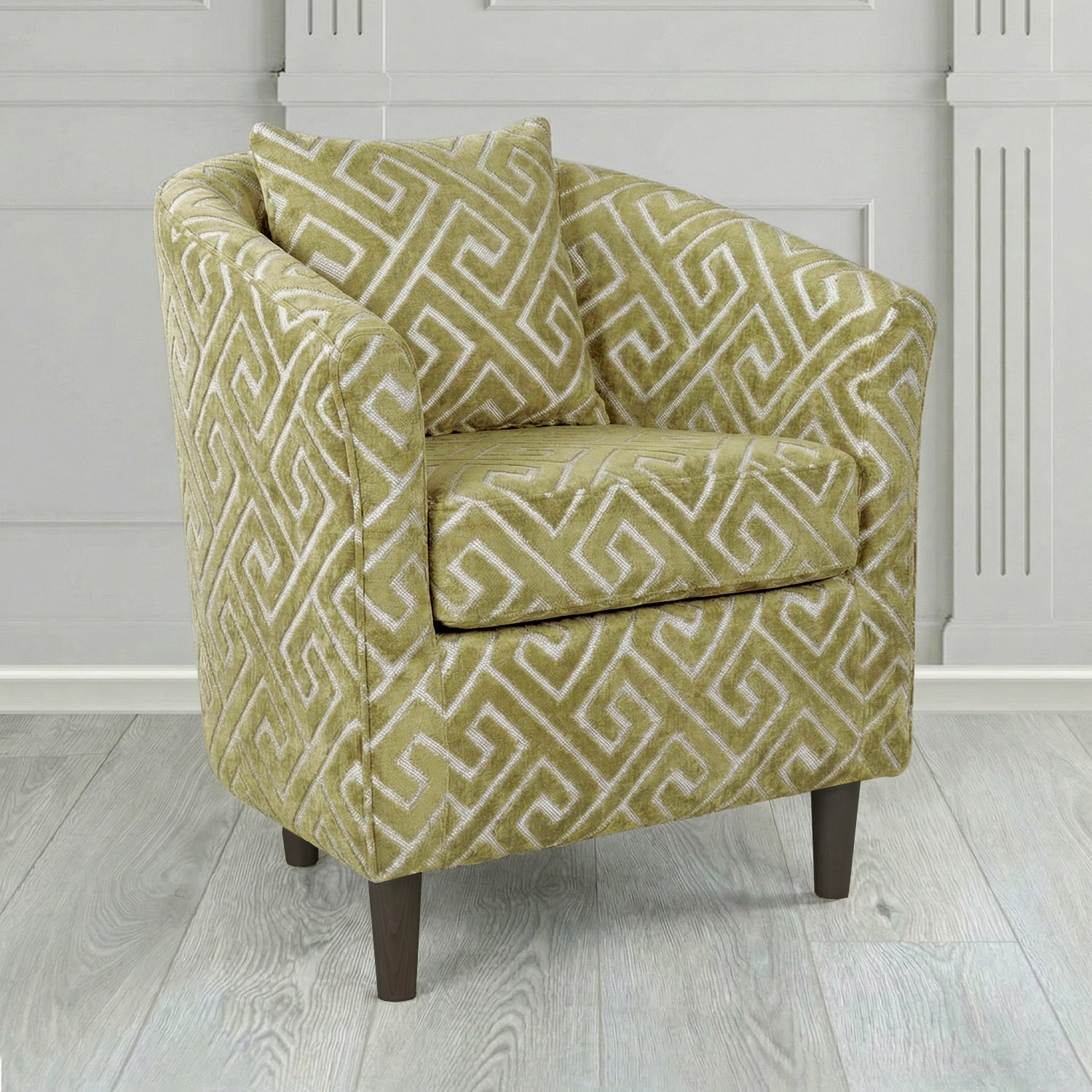 St Tropez Tub Chair in Cristina Marrone Extravaganza Greek Key Geometric Fabric with Scatter Cushion
