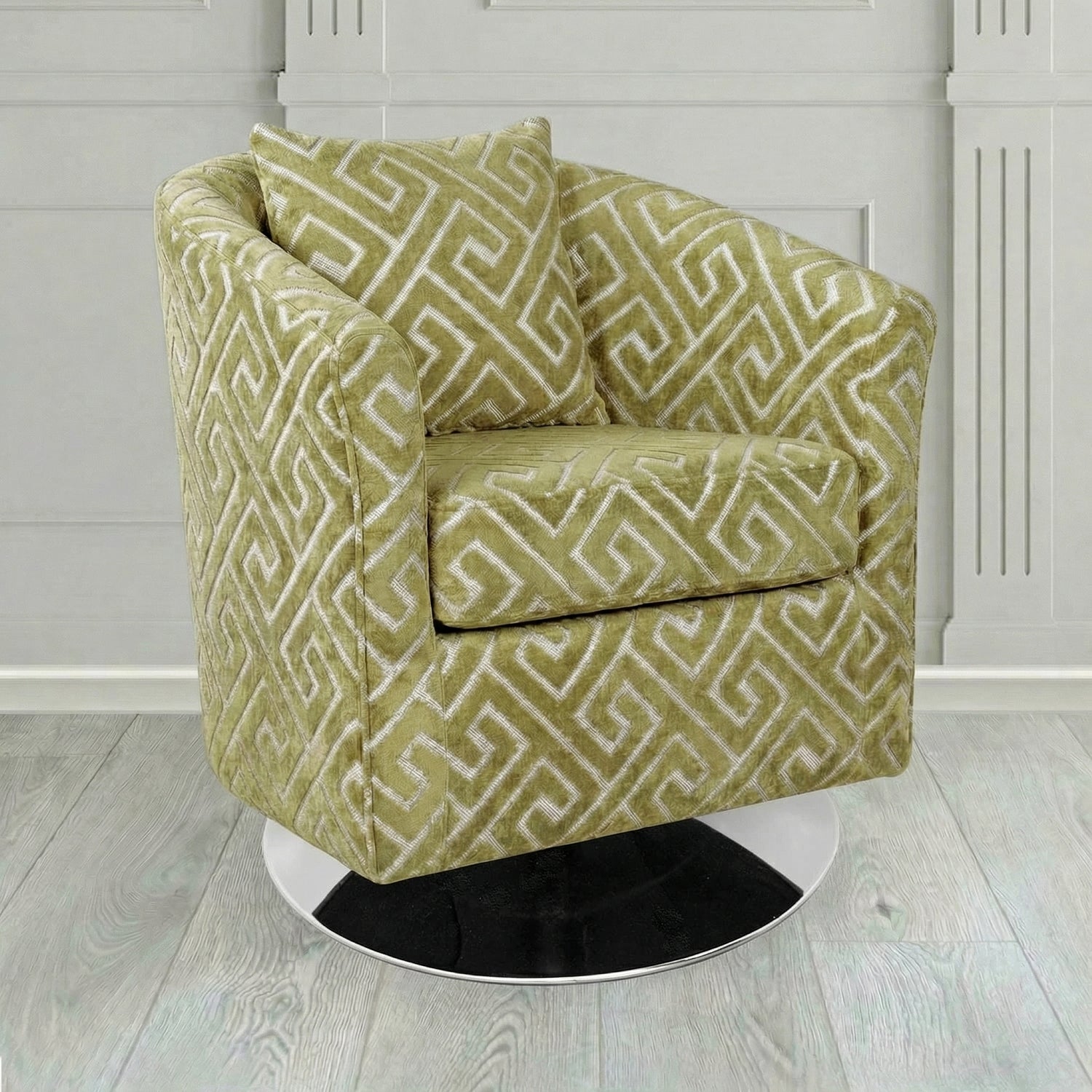 St Tropez Swivel Tub Chair in Cristina Marrone Extravaganza Greek Key Geometric Fabric with Scatter Cushion