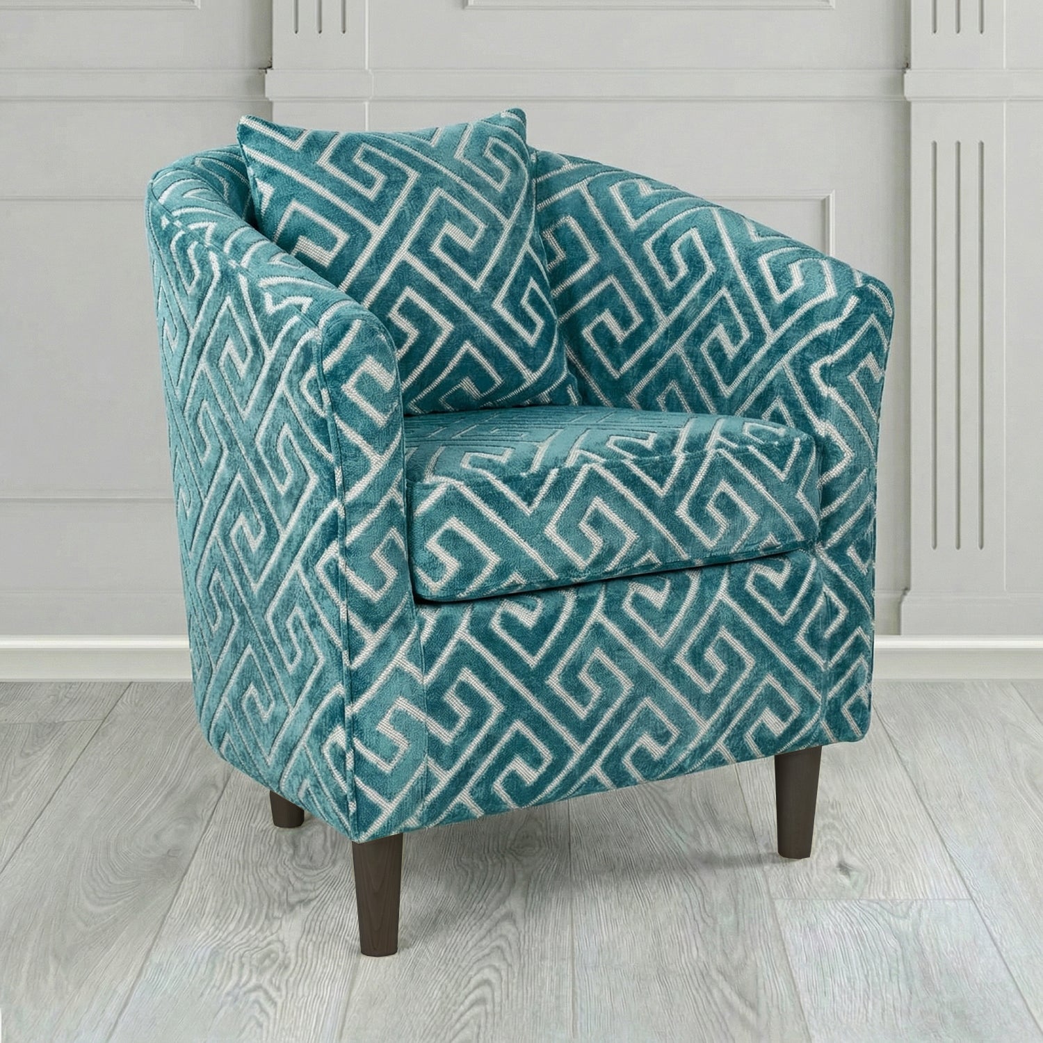 St Tropez Tub Chair in Cristina Marrone Extravaganza Greek Key Geometric Fabric with Scatter Cushion