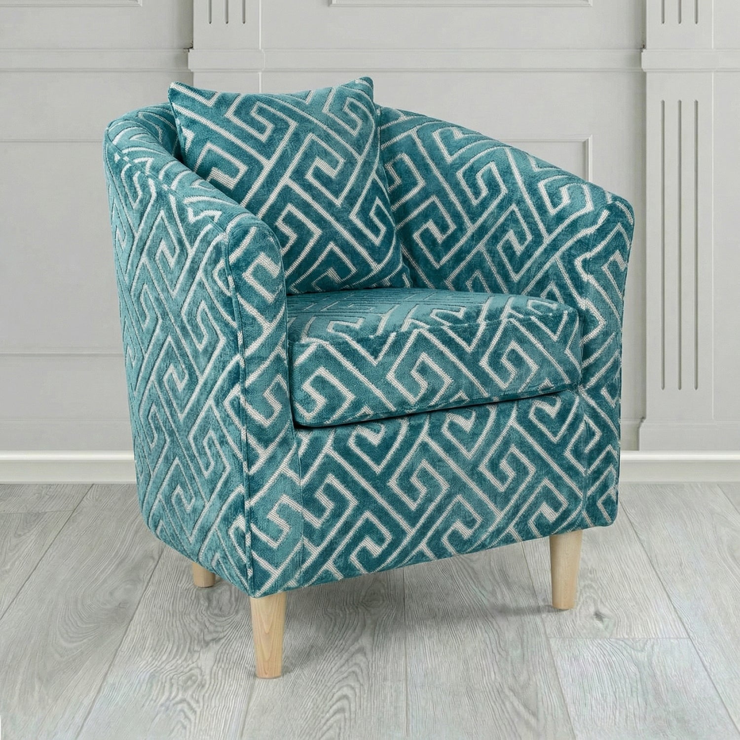 St Tropez Tub Chair in Cristina Marrone Extravaganza Greek Key Geometric Fabric with Scatter Cushion