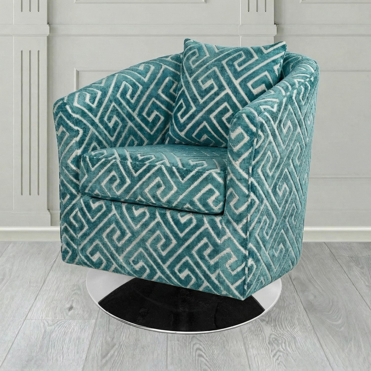 St Tropez Swivel Tub Chair in Cristina Marrone Extravaganza Greek Key Geometric Fabric with Scatter Cushion