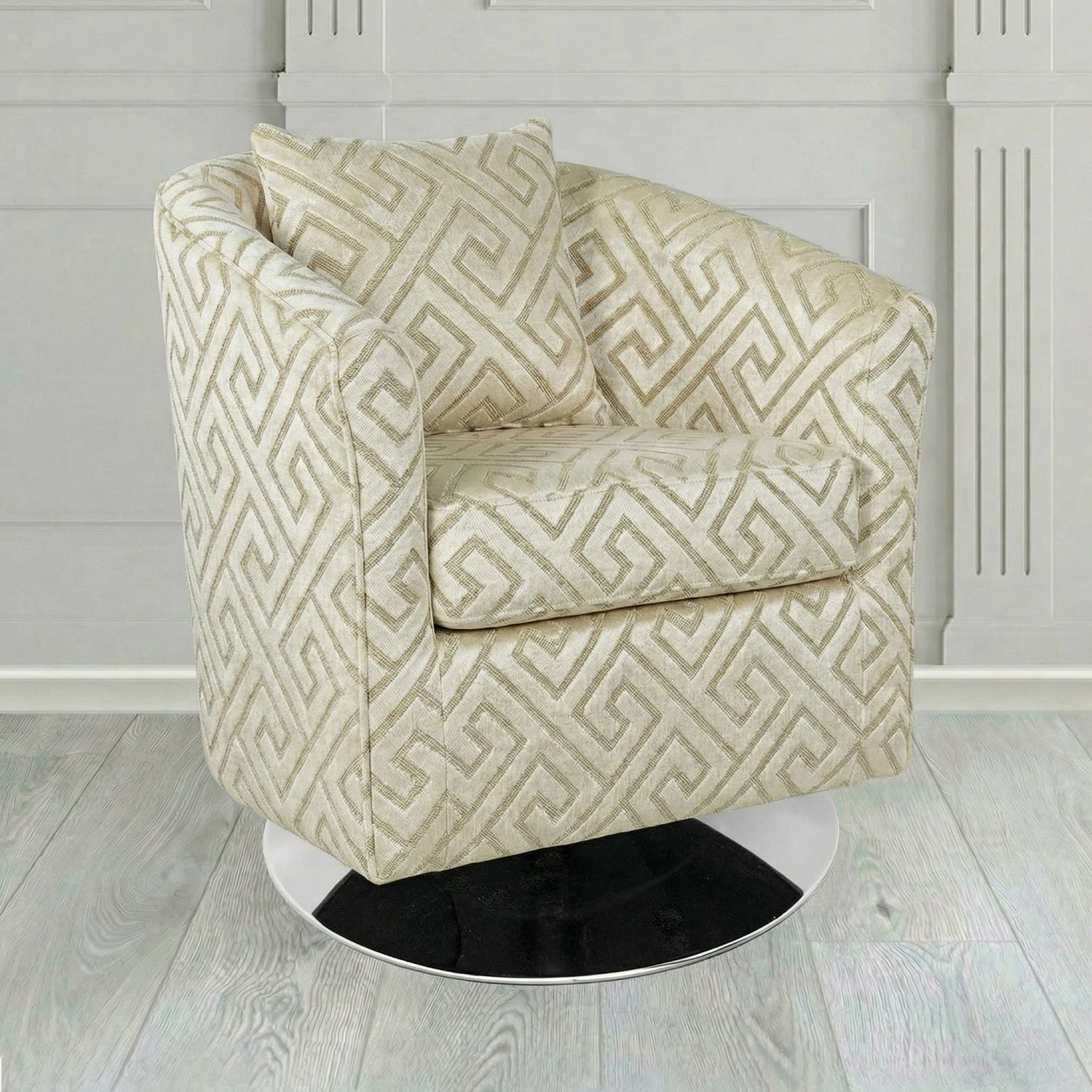 St Tropez Swivel Tub Chair in Cristina Marrone Extravaganza Greek Key Geometric Fabric with Scatter Cushion