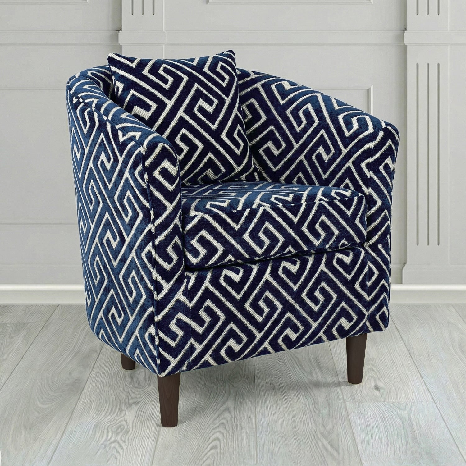 St Tropez Tub Chair in Cristina Marrone Extravaganza Greek Key Geometric Fabric with Scatter Cushion