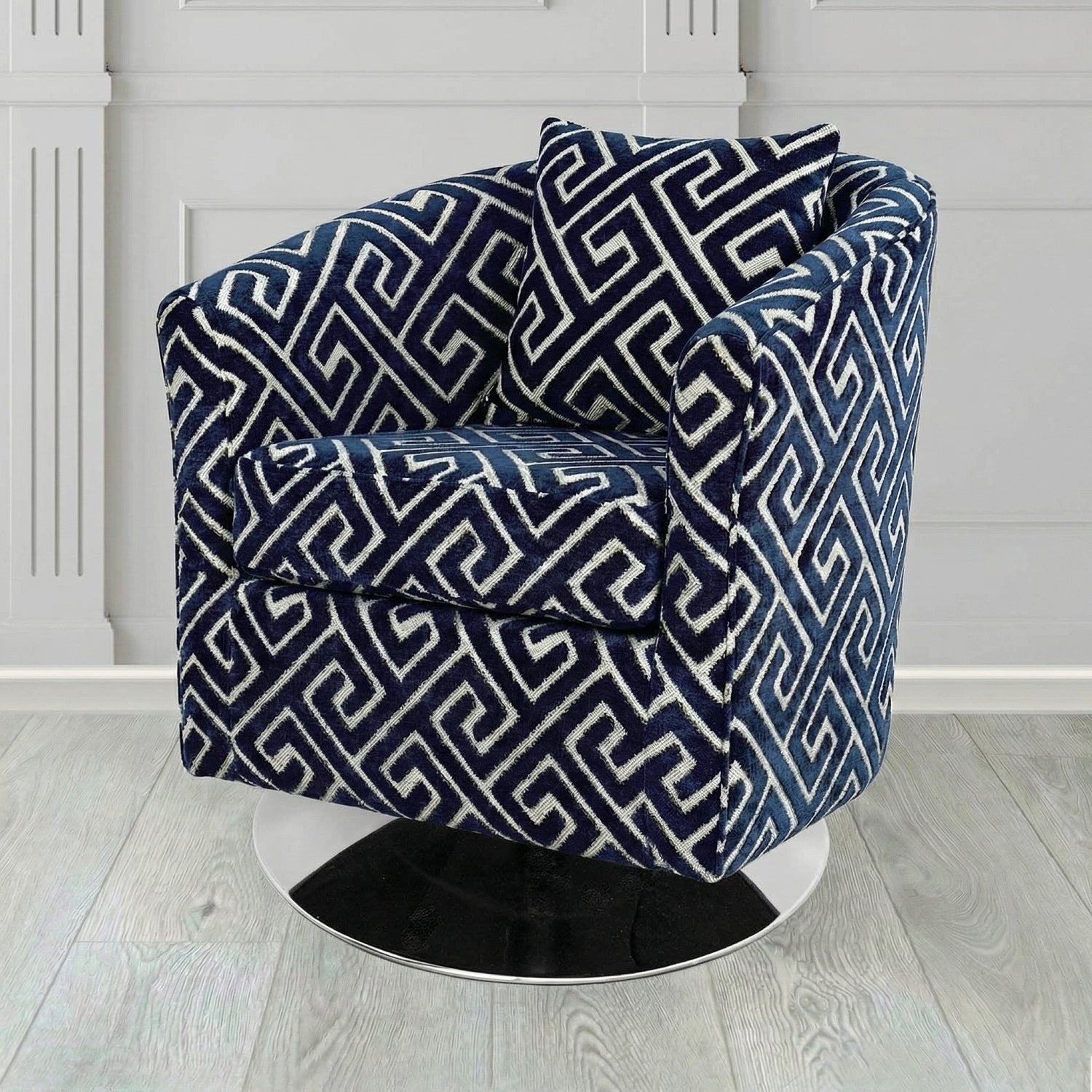 St Tropez Swivel Tub Chair in Cristina Marrone Extravaganza Greek Key Geometric Fabric with Scatter Cushion