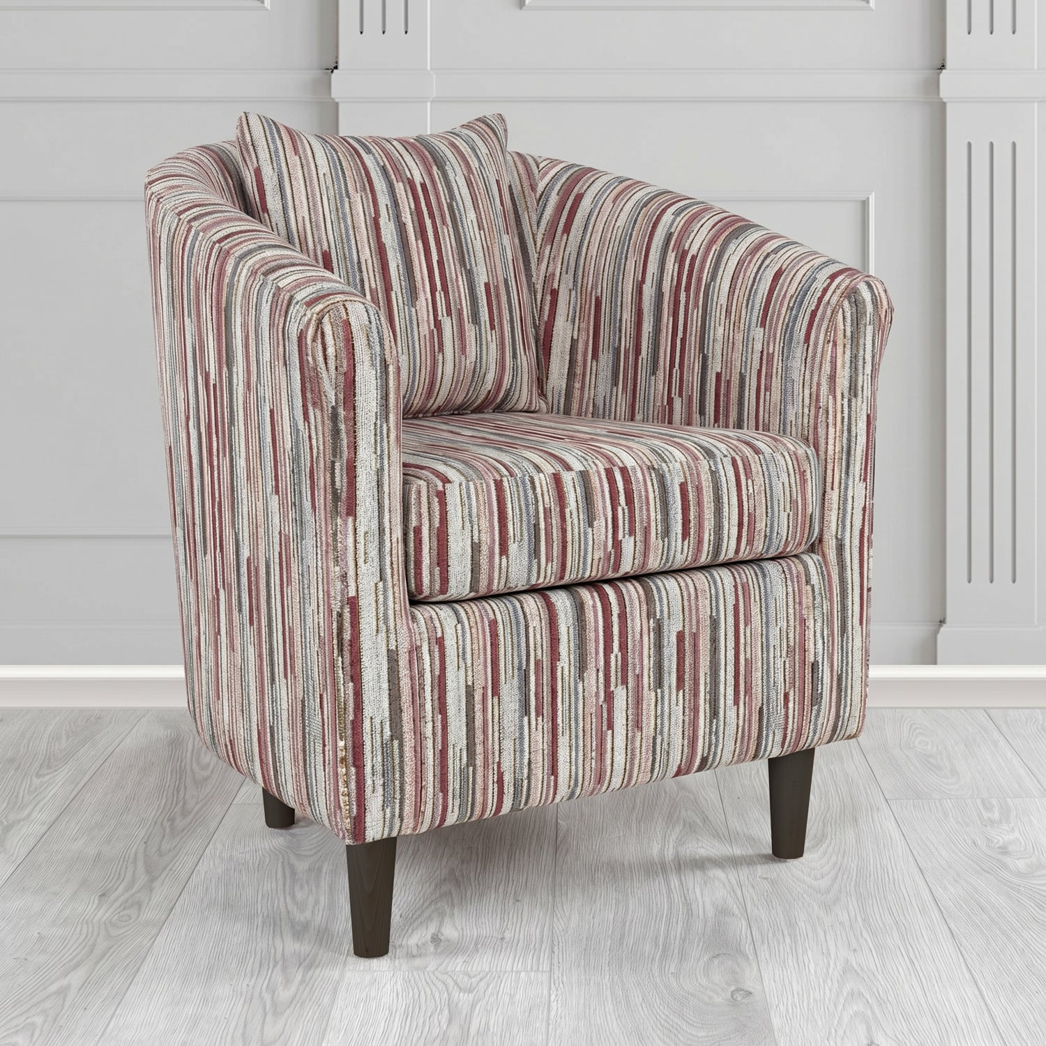 St Tropez Tub Chair in Cristina Marrone Extravaganza Stripe Fabric with Scatter Cushion