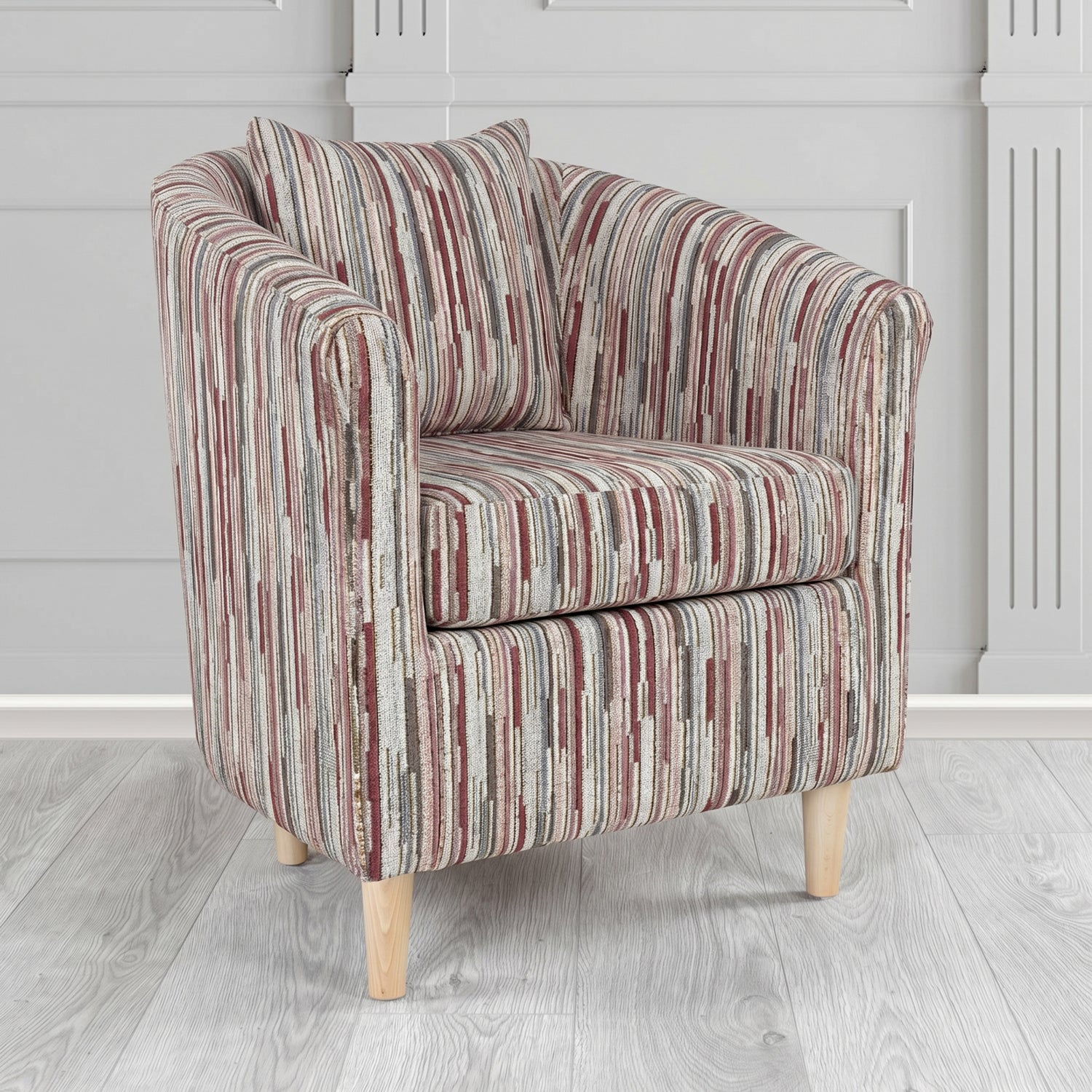 St Tropez Tub Chair in Cristina Marrone Extravaganza Stripe Fabric with Scatter Cushion