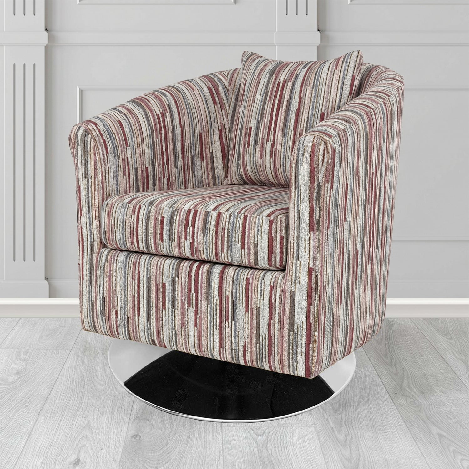 St Tropez Swivel Tub Chair in Cristina Marrone Extravaganza Stripe Fabric with Scatter Cushion