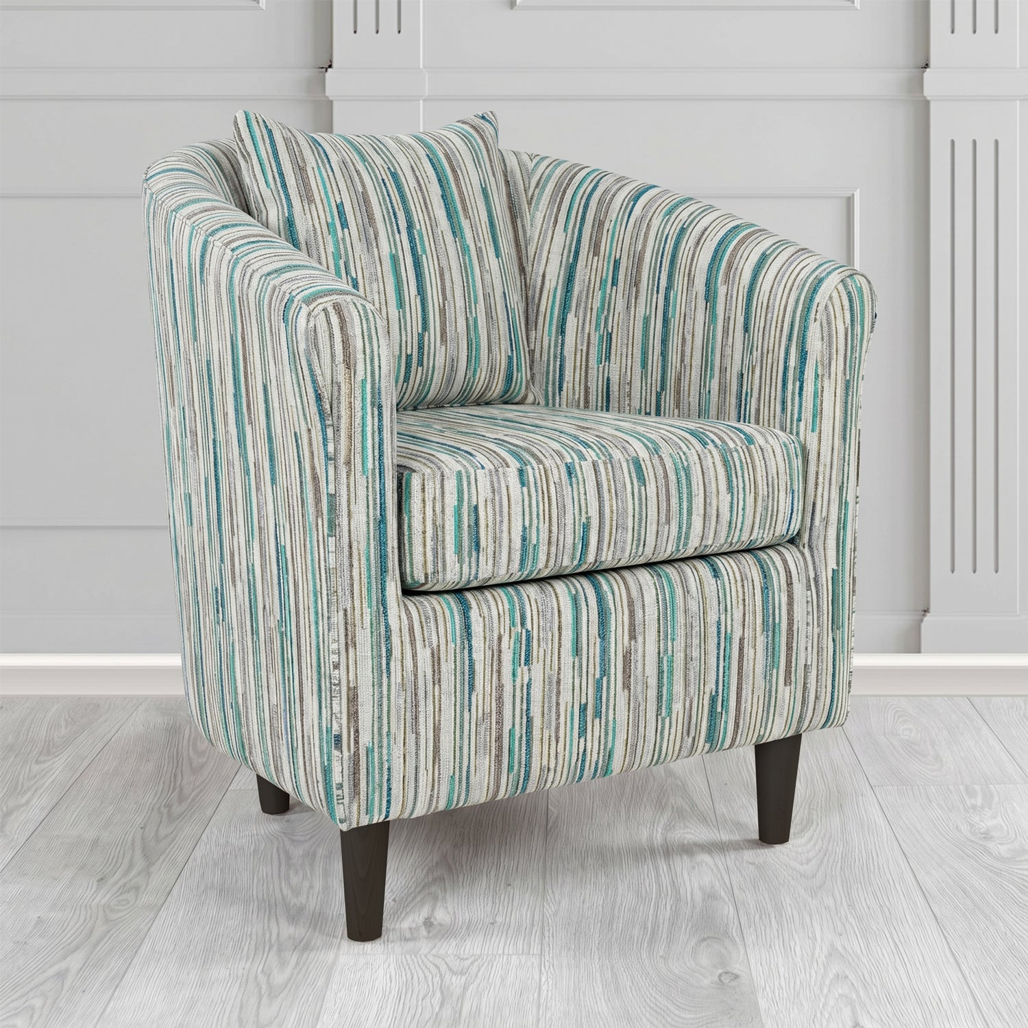 St Tropez Tub Chair in Cristina Marrone Extravaganza Stripe Fabric with Scatter Cushion