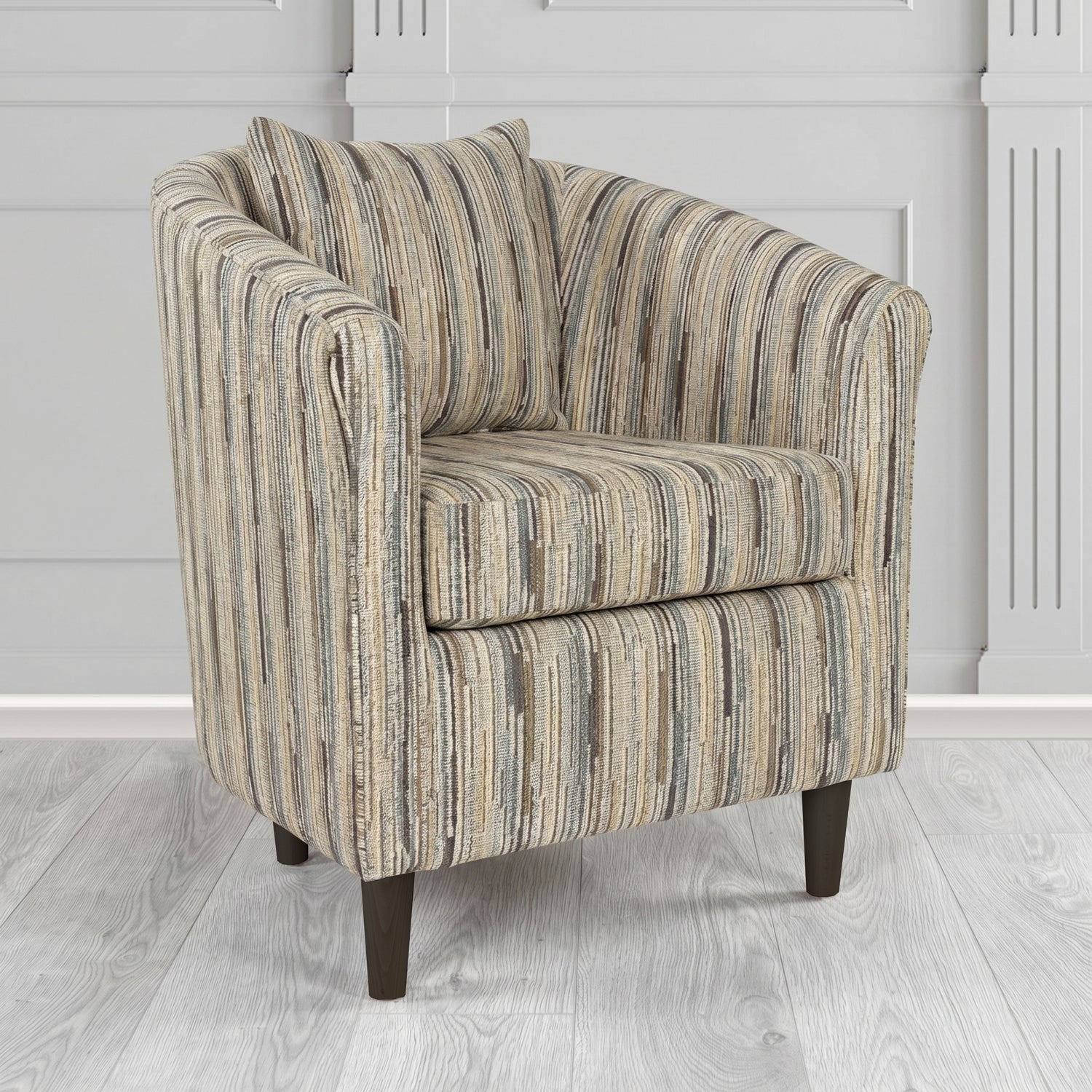 St Tropez Tub Chair in Cristina Marrone Extravaganza Stripe Fabric with Scatter Cushion