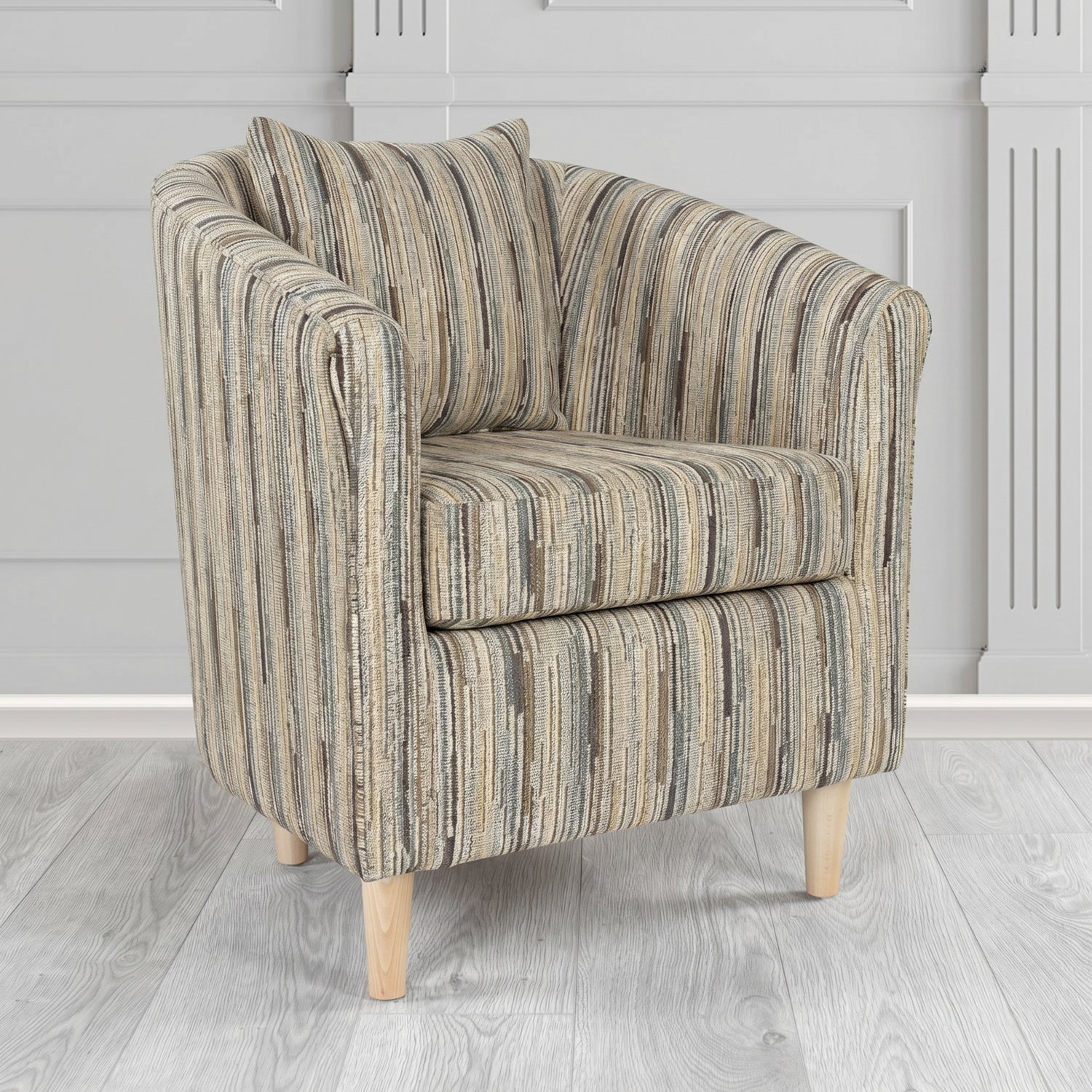 St Tropez Tub Chair in Cristina Marrone Extravaganza Stripe Fabric with Scatter Cushion