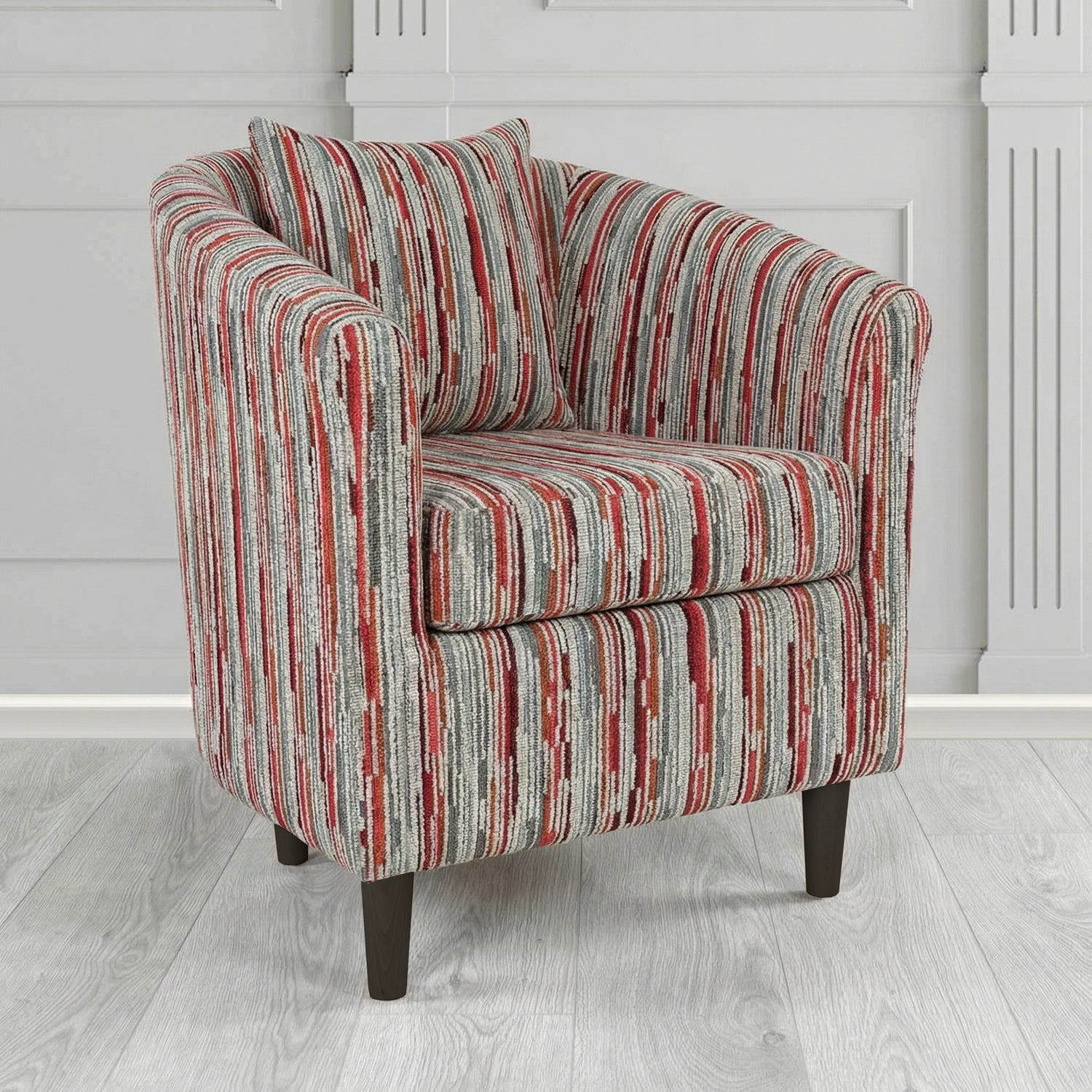 St Tropez Tub Chair in Cristina Marrone Extravaganza Stripe Fabric with Scatter Cushion