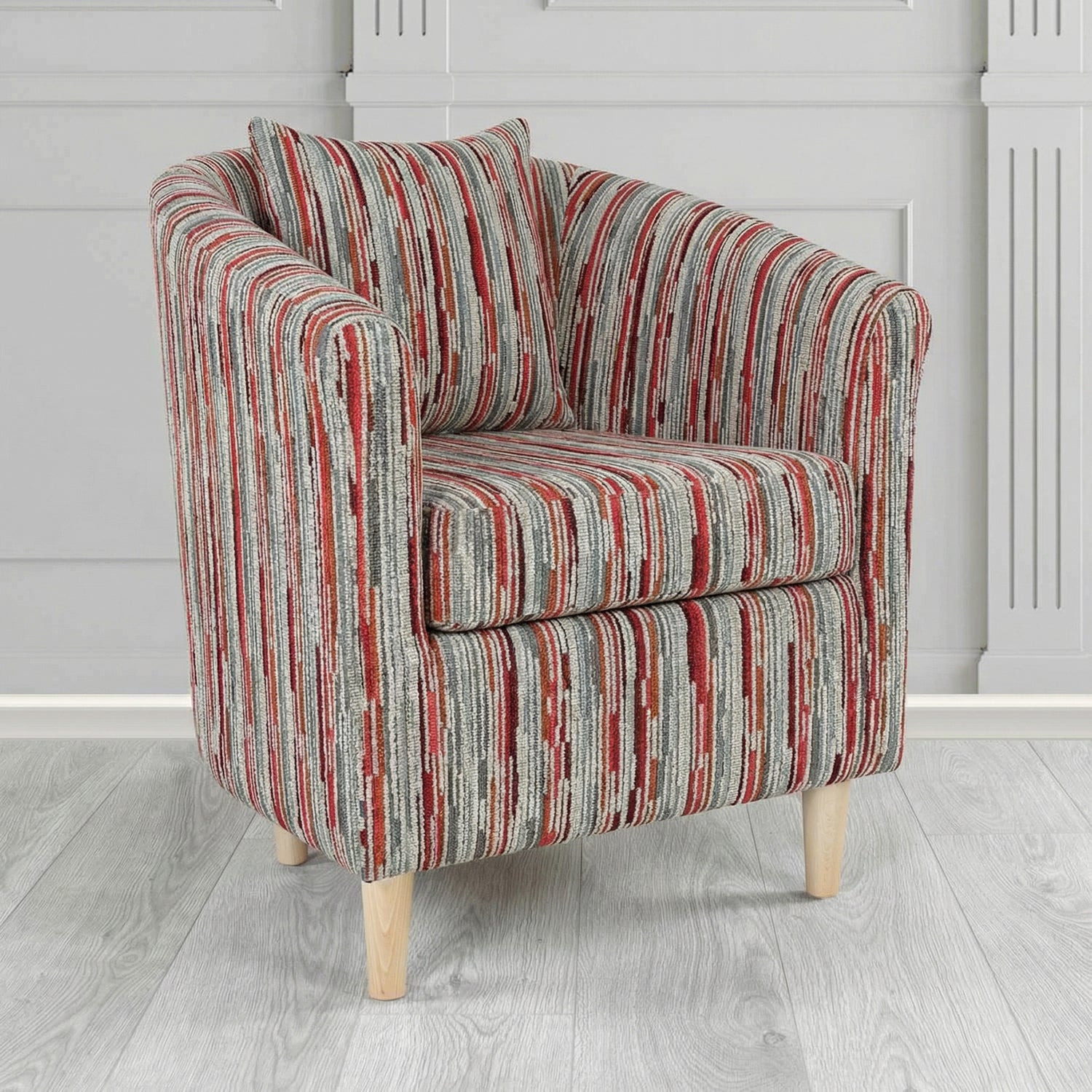 St Tropez Tub Chair in Cristina Marrone Extravaganza Stripe Fabric with Scatter Cushion