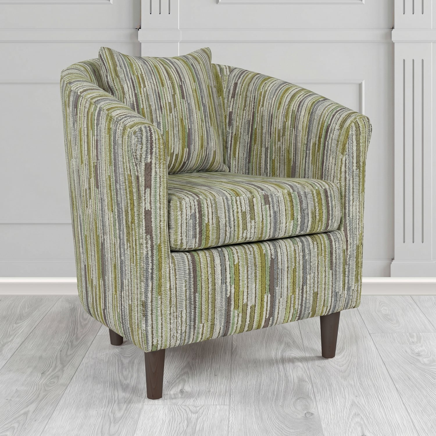 St Tropez Tub Chair in Cristina Marrone Extravaganza Stripe Fabric with Scatter Cushion