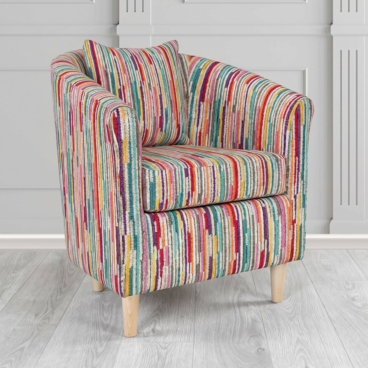 St Tropez Tub Chair in Cristina Marrone Extravaganza Stripe Fabric with Scatter Cushion