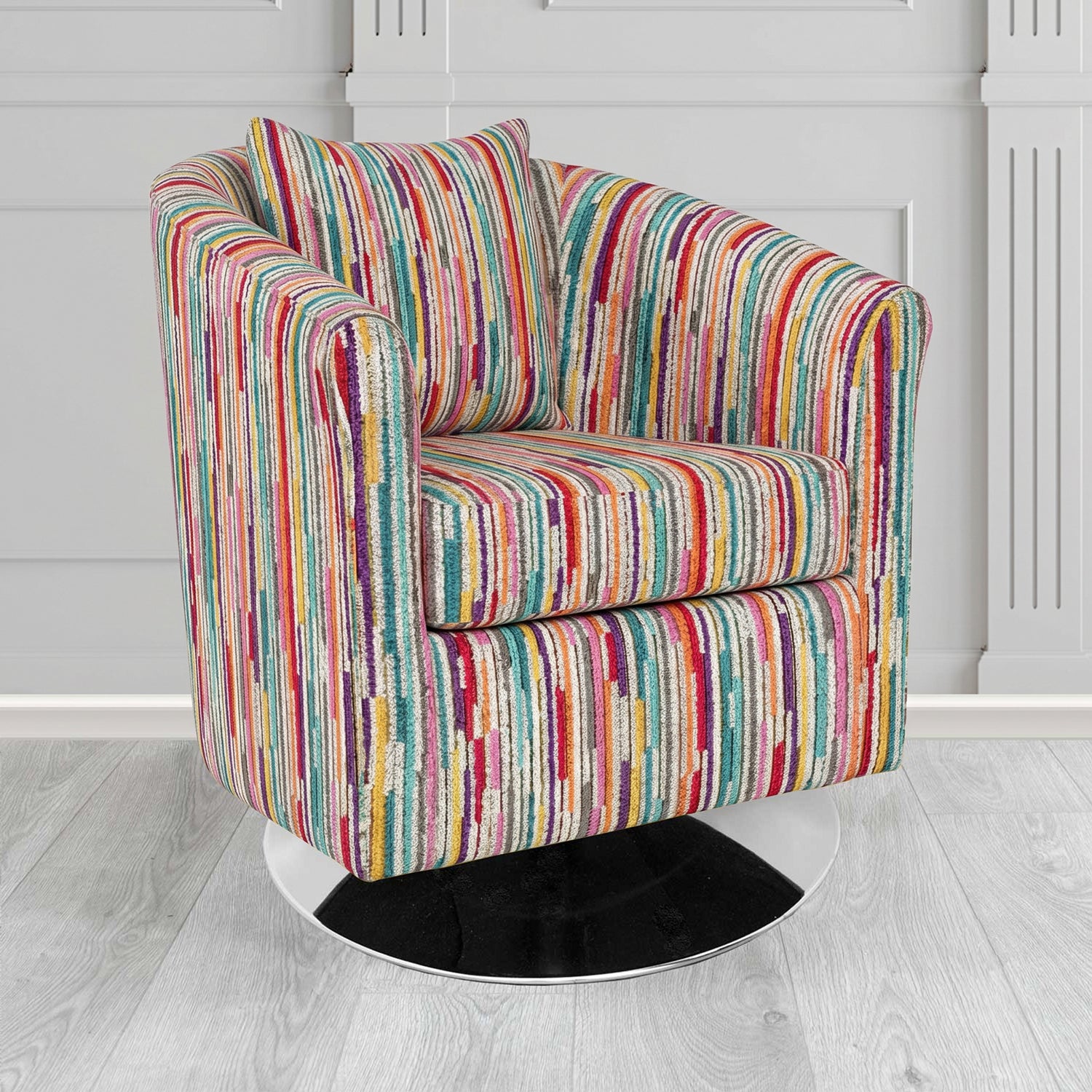 St Tropez Swivel Tub Chair in Cristina Marrone Extravaganza Stripe Fabric with Scatter Cushion