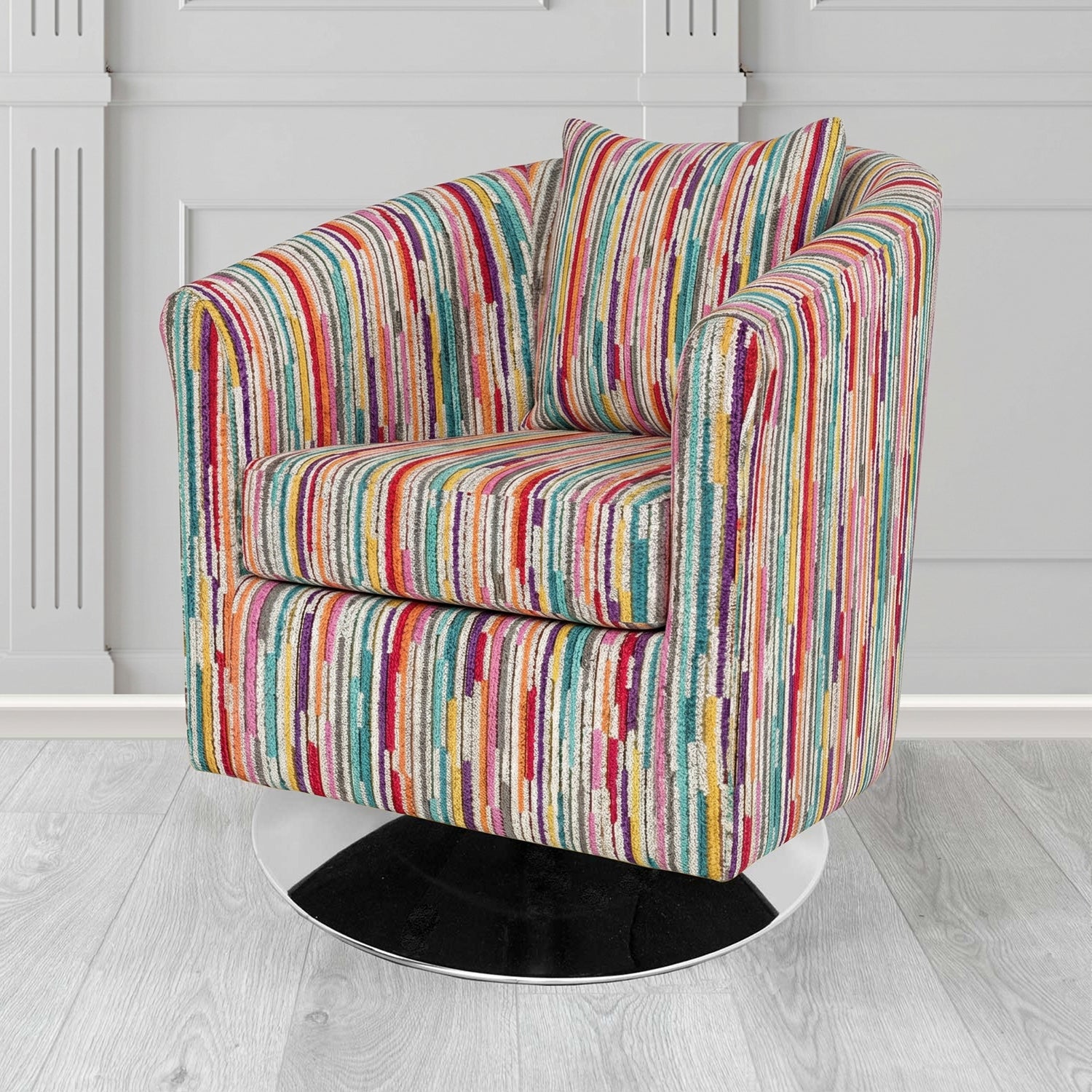 St Tropez Swivel Tub Chair in Cristina Marrone Extravaganza Stripe Fabric with Scatter Cushion