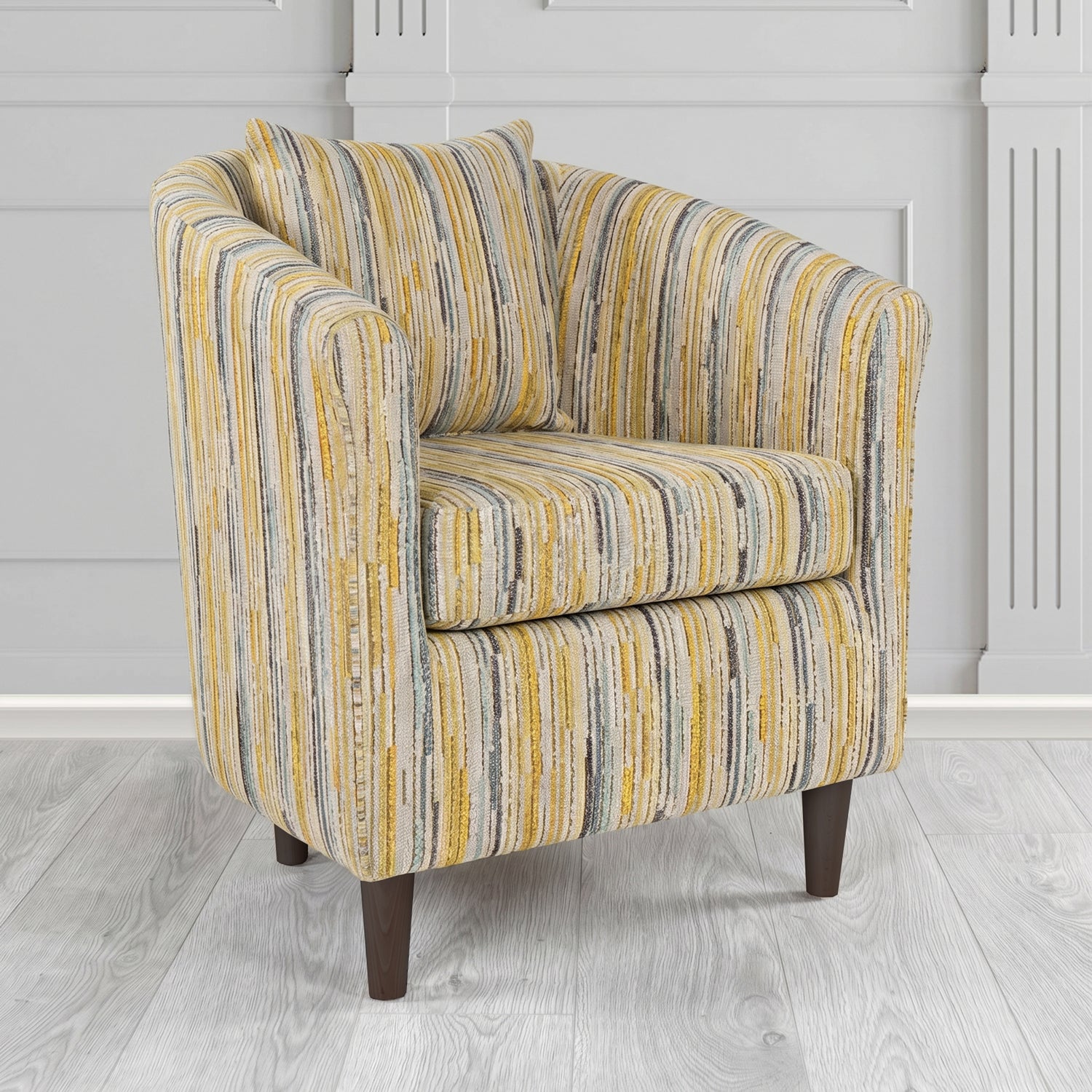 St Tropez Tub Chair in Cristina Marrone Extravaganza Stripe Fabric with Scatter Cushion