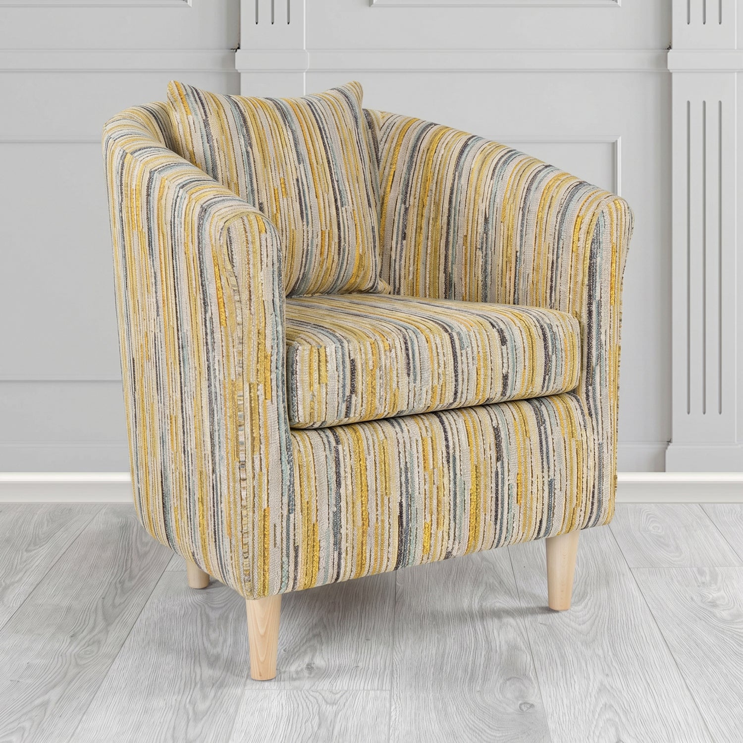 St Tropez Tub Chair in Cristina Marrone Extravaganza Stripe Fabric with Scatter Cushion