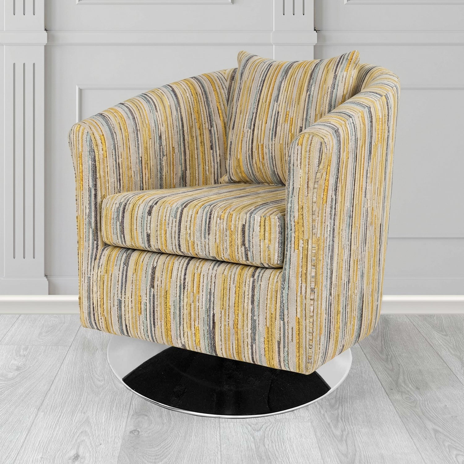 St Tropez Swivel Tub Chair in Cristina Marrone Extravaganza Stripe Fabric with Scatter Cushion