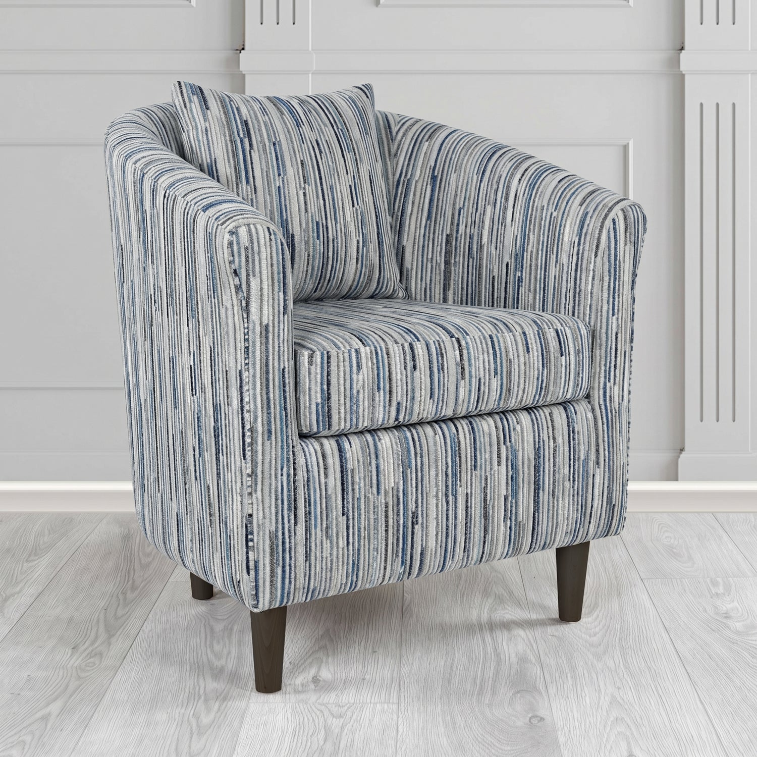 St Tropez Tub Chair in Cristina Marrone Extravaganza Stripe Fabric with Scatter Cushion