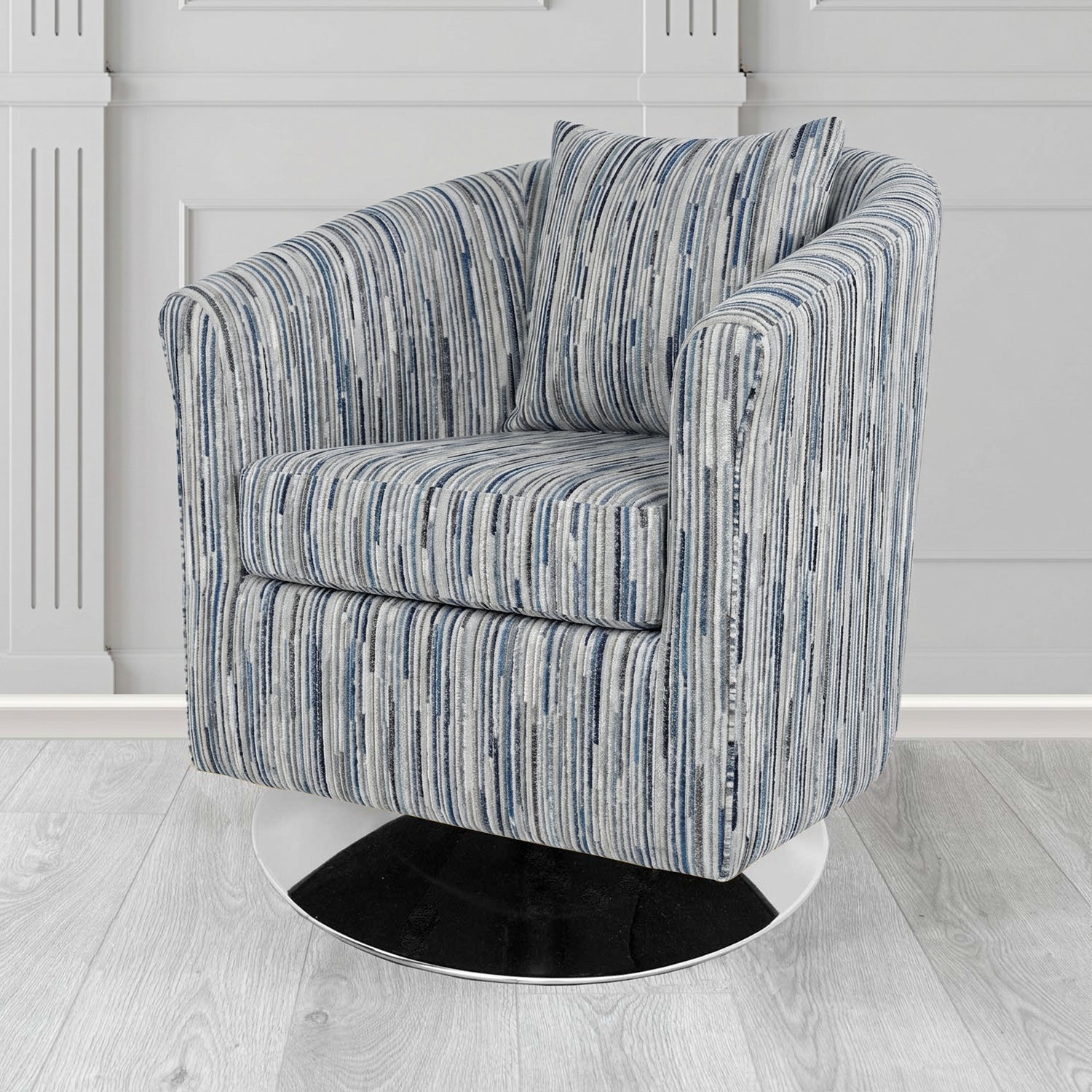 St Tropez Swivel Tub Chair in Cristina Marrone Extravaganza Stripe Fabric with Scatter Cushion