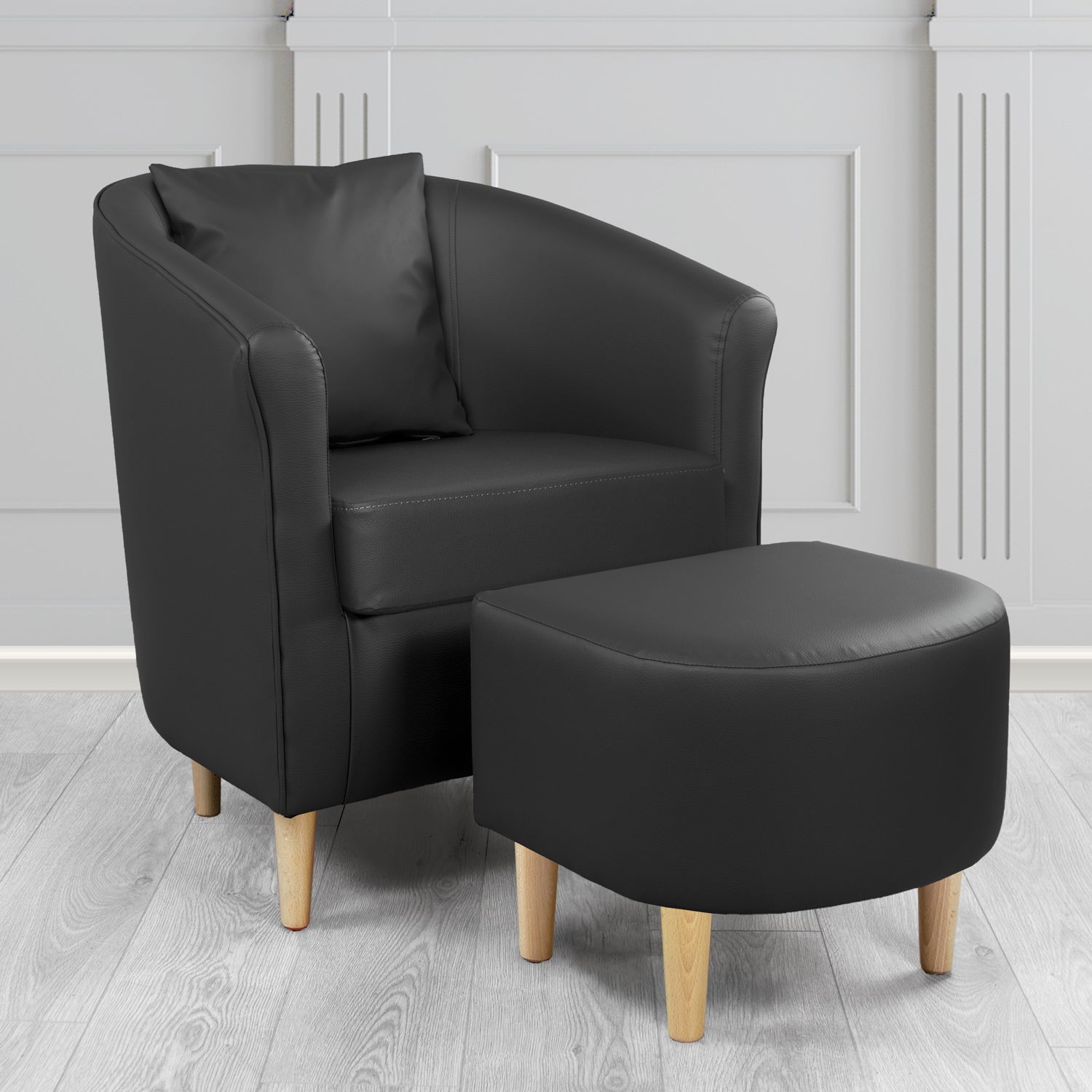 St Tropez Tub Chair with Footstool Set in Madrid Black Faux Leather - The Tub Chair Shop