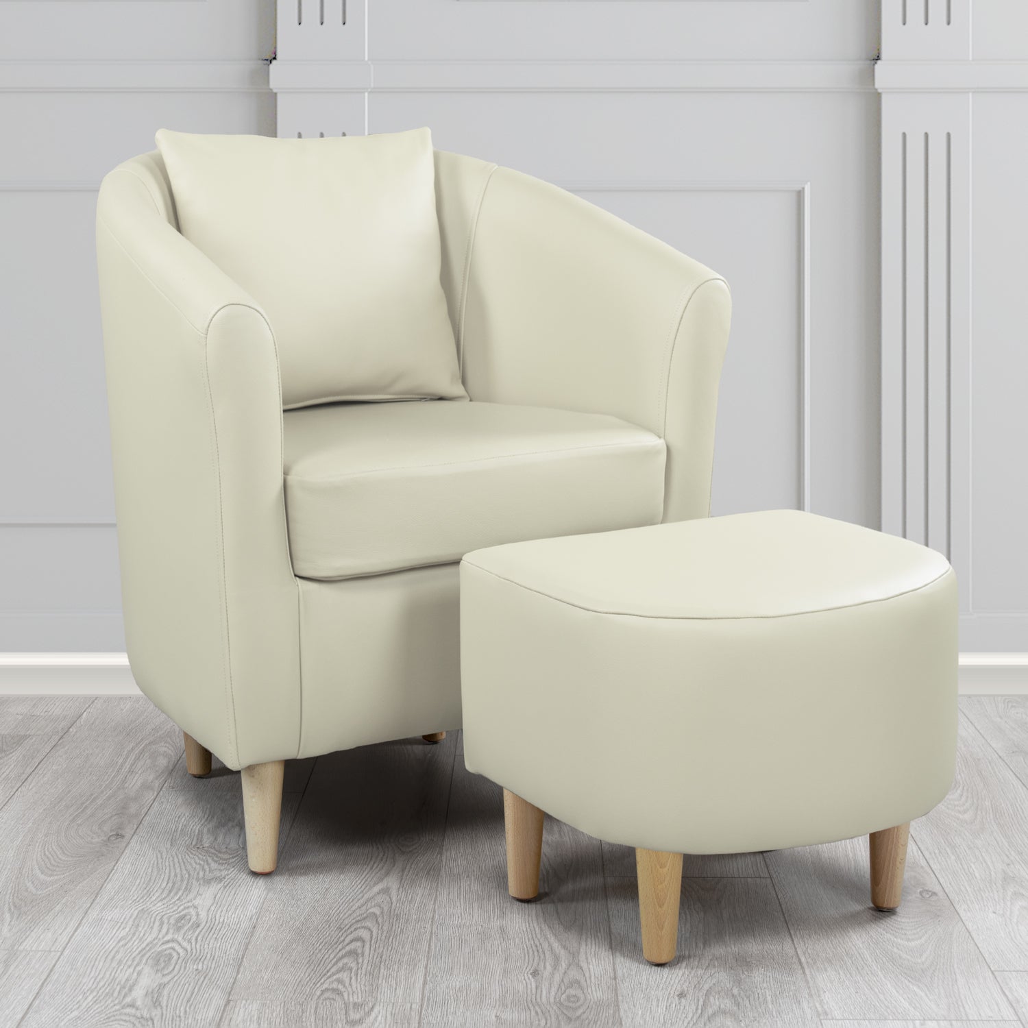 St Tropez Tub Chair & Footstool Set With Scatter Cushion in Crest Leather Shelly Almond Crib 5 Genuine Leather