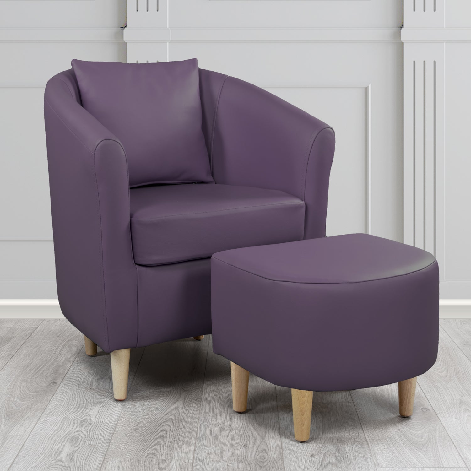 St Tropez Tub Chair & Footstool Set With Scatter Cushion in Crest Leather Shelly Amethyst Crib 5 Genuine Leather