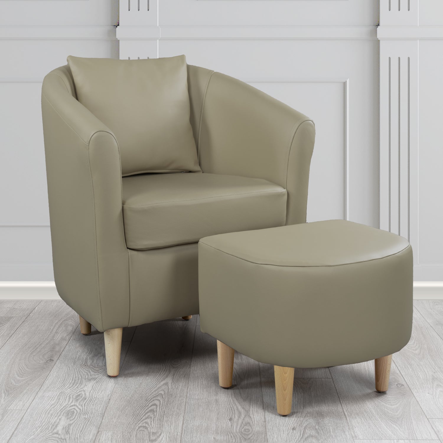 St Tropez Tub Chair & Footstool Set With Scatter Cushion in Crest Leather Shelly Ash Crib 5 Genuine Leather