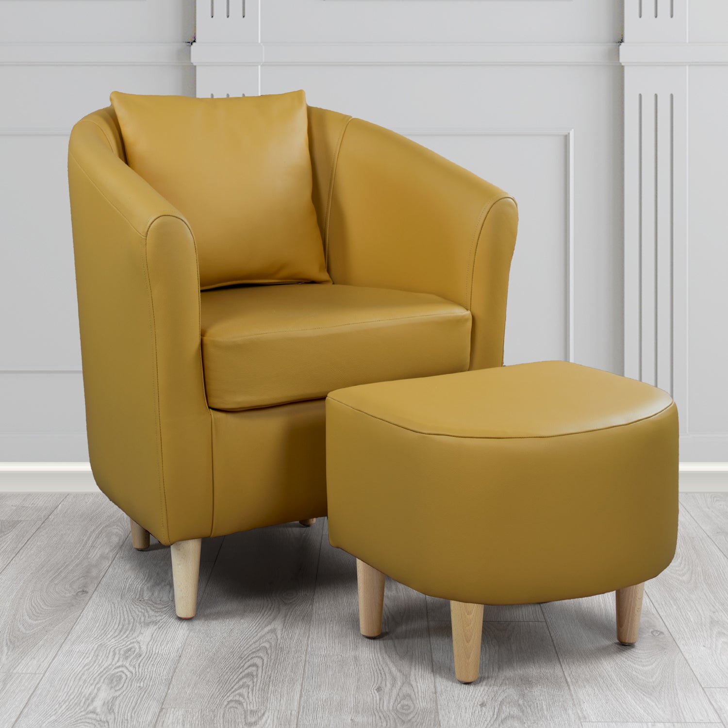 St Tropez Tub Chair & Footstool Set With Scatter Cushion in Crest Leather Shelly Parchment Crib 5 Genuine Leather