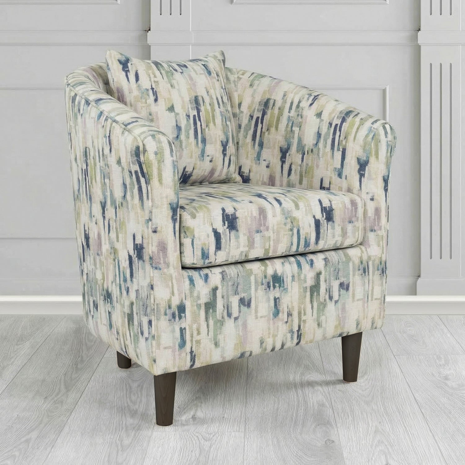 St Tropez Tub Chair in Fryett's Aura Abstract Pattern Fabric with Scatter Cushion