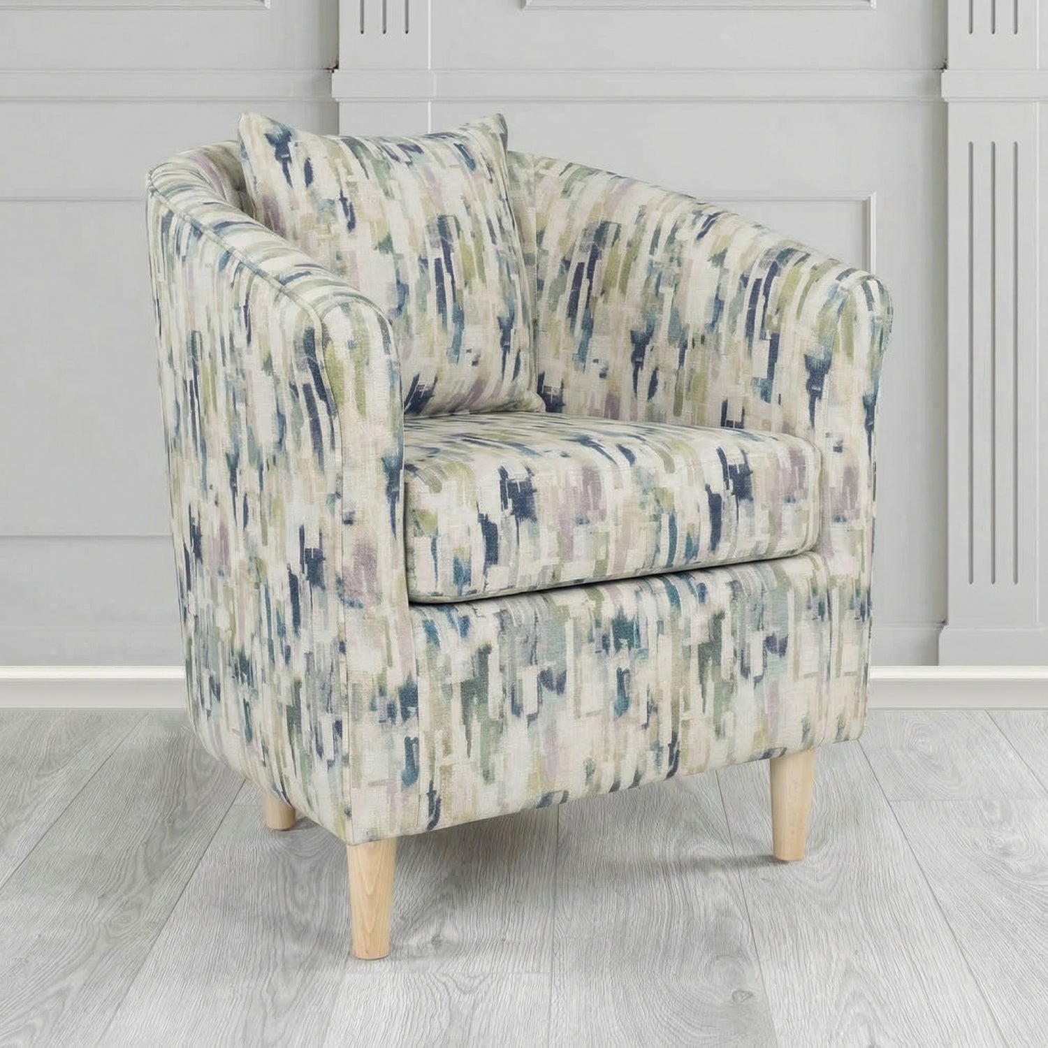 St Tropez Tub Chair in Fryett's Aura Abstract Pattern Fabric with Scatter Cushion