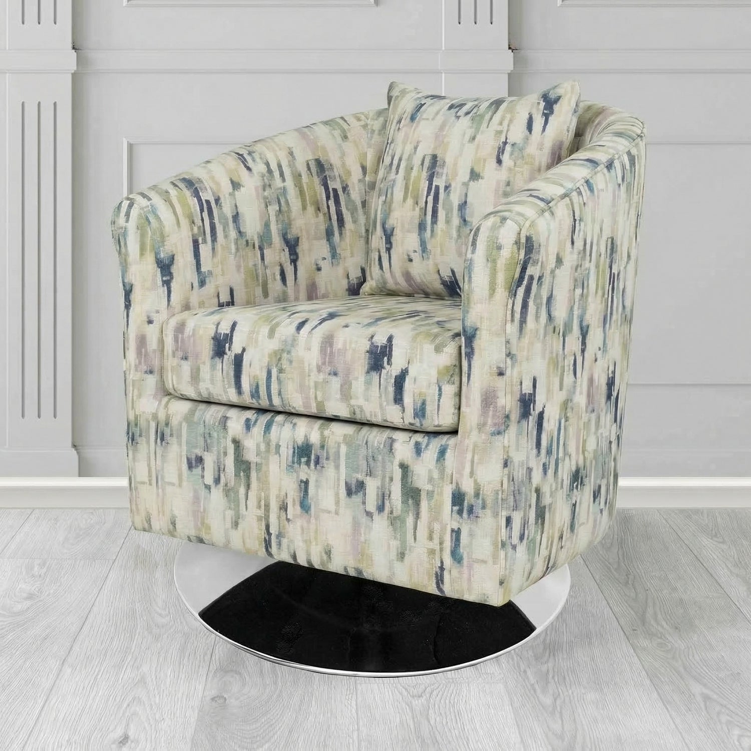 St Tropez Swivel Tub Chair in Fryett's Aura Abstract Pattern Fabric with Scatter Cushion