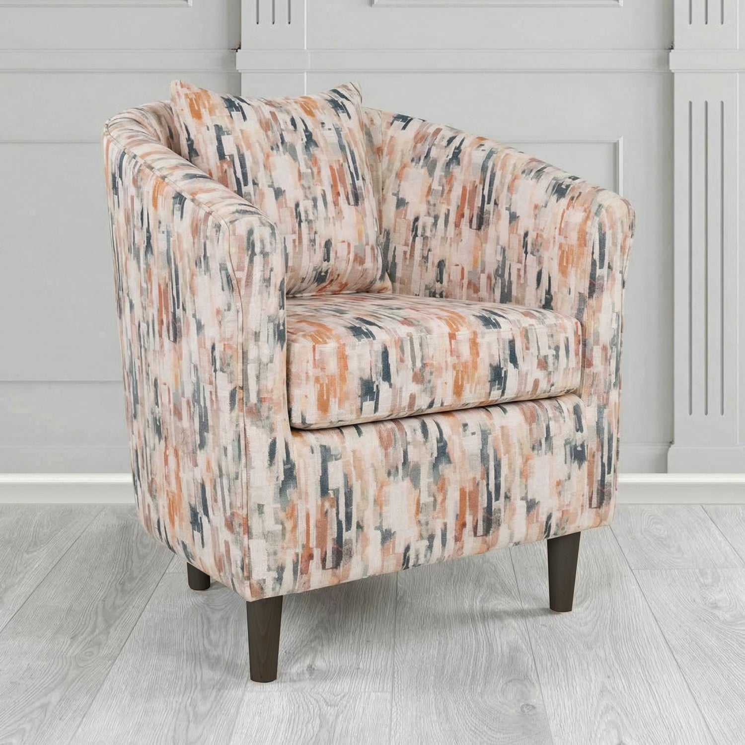 St Tropez Tub Chair in Fryett's Aura Abstract Pattern Fabric with Scatter Cushion