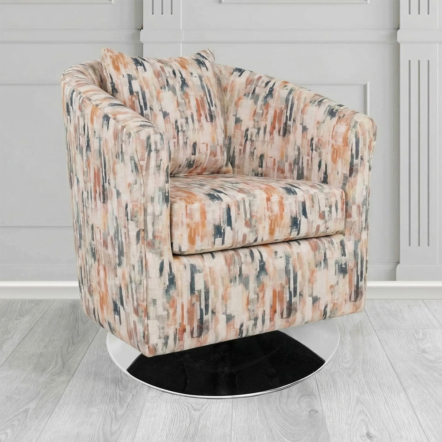 St Tropez Swivel Tub Chair in Fryett's Aura Abstract Pattern Fabric with Scatter Cushion