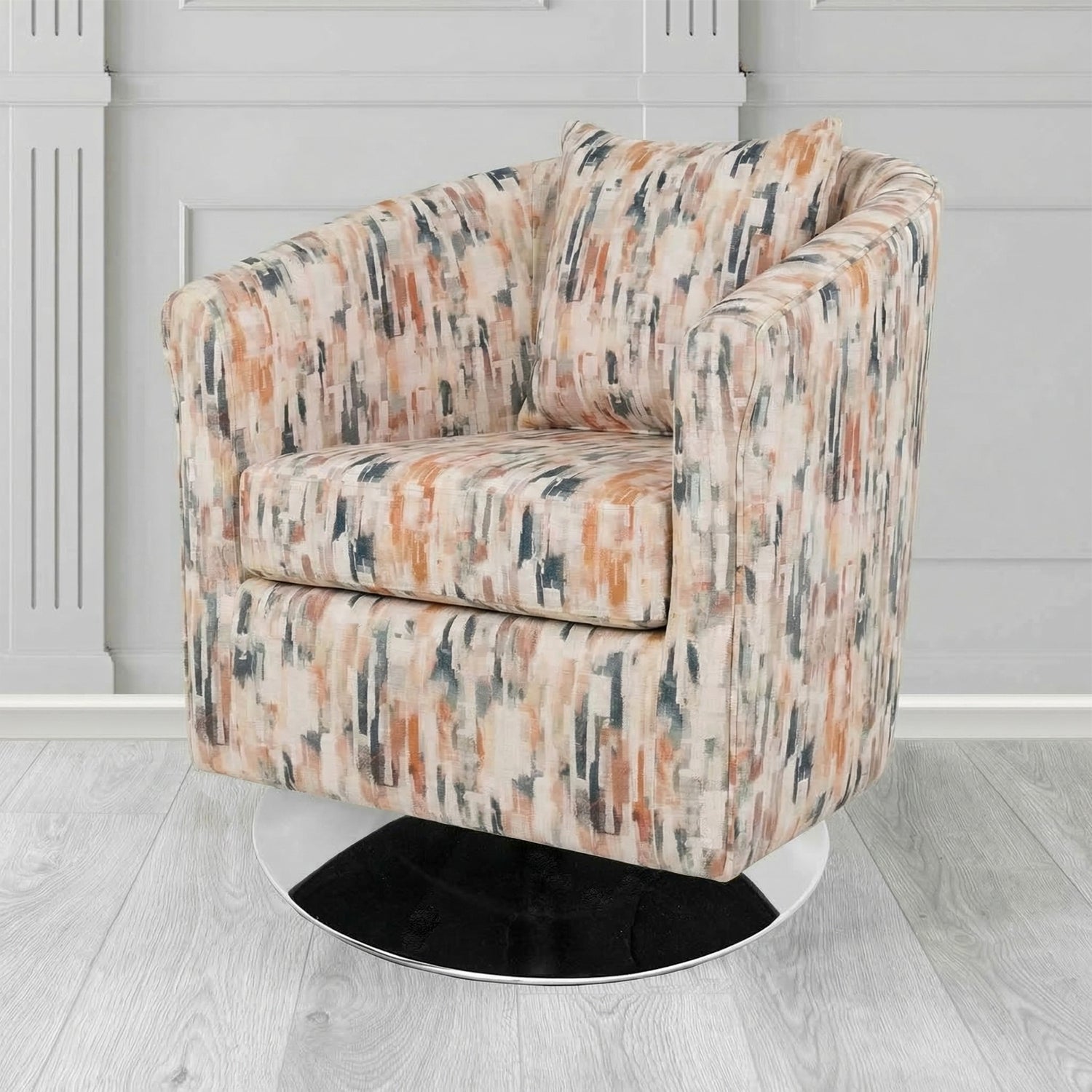 St Tropez Swivel Tub Chair in Fryett's Aura Abstract Pattern Fabric with Scatter Cushion