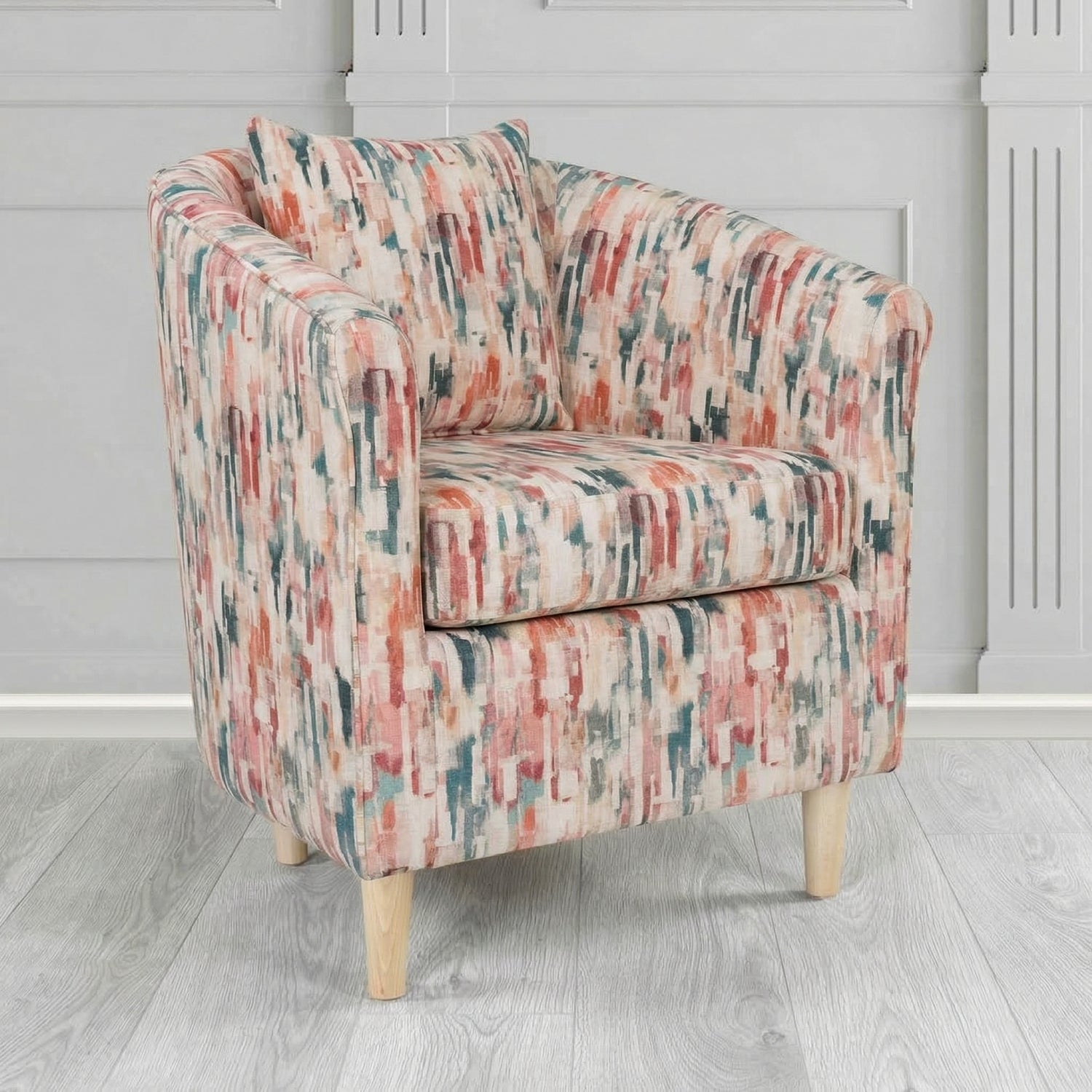 St Tropez Tub Chair in Fryett's Aura Abstract Pattern Fabric with Scatter Cushion