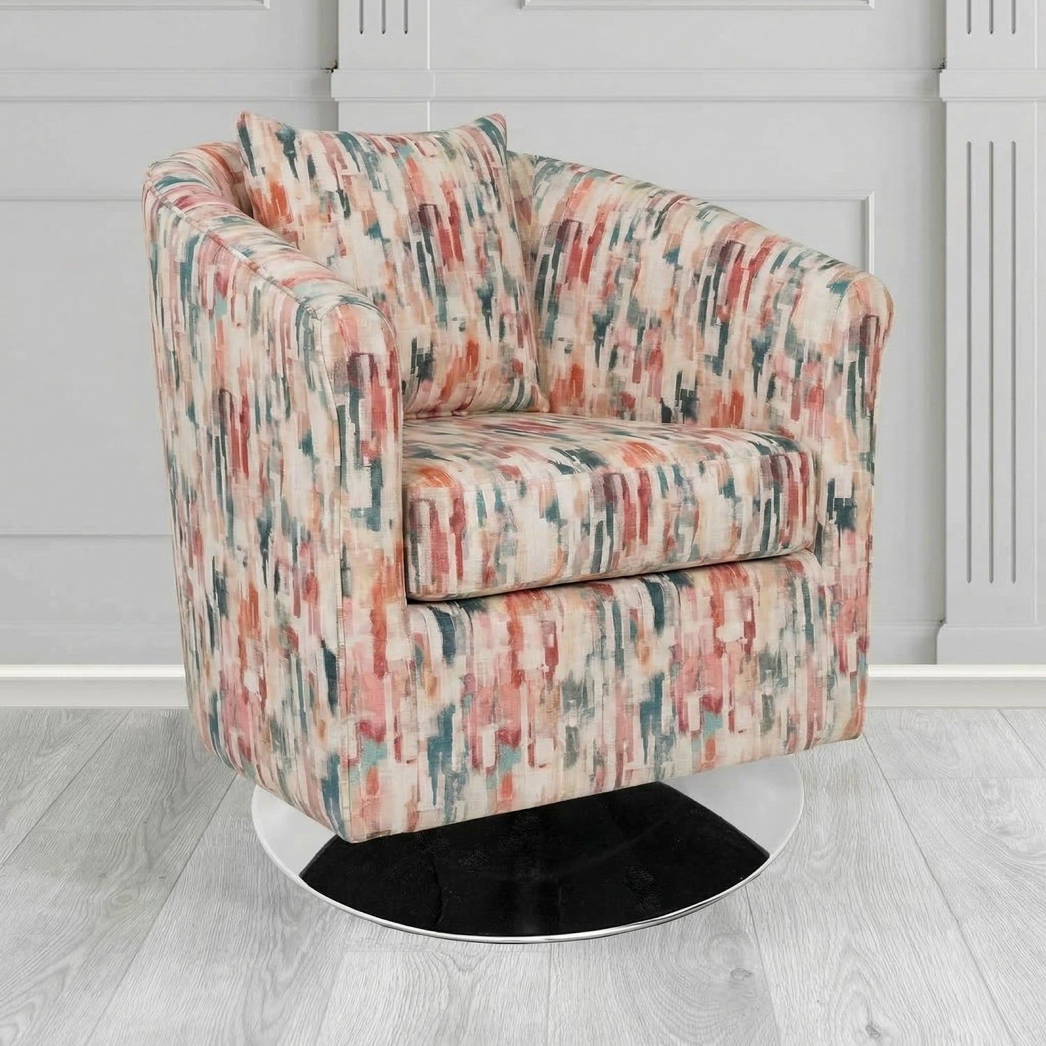 St Tropez Swivel Tub Chair in Fryett's Aura Abstract Pattern Fabric with Scatter Cushion