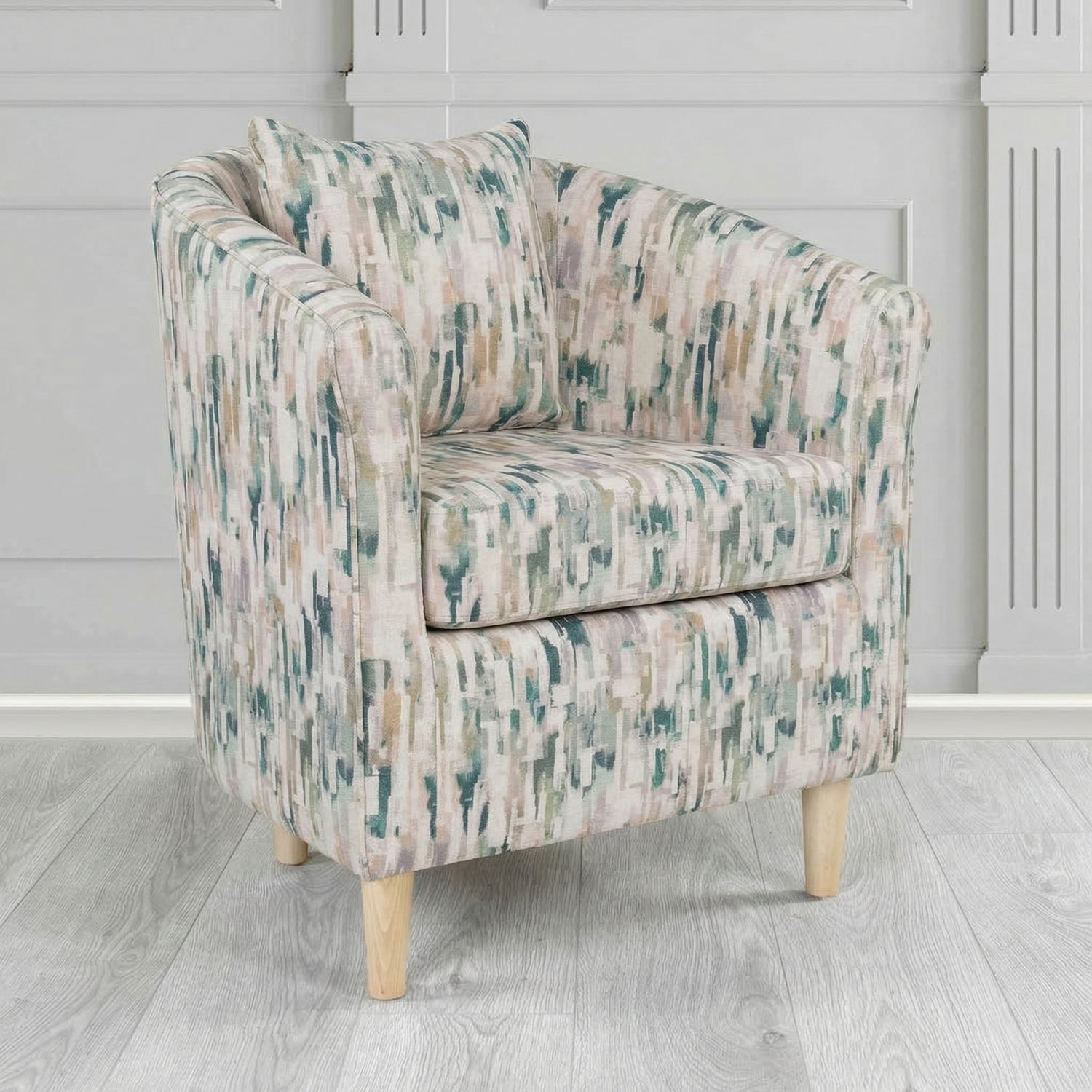 St Tropez Tub Chair in Fryett's Aura Abstract Pattern Fabric with Scatter Cushion