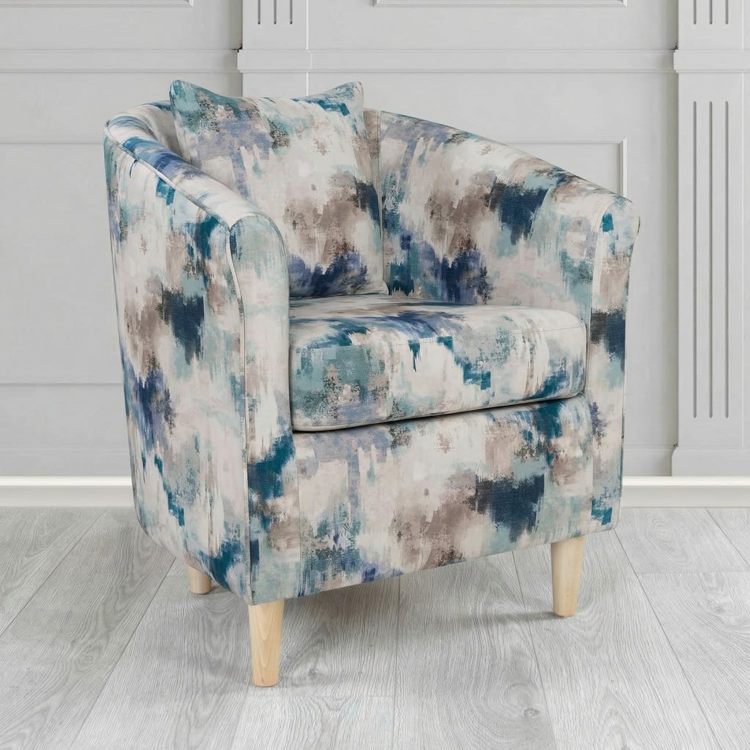 St Tropez Tub Chair in Fryett's Kala Abstract Fabric with Scatter Cushion